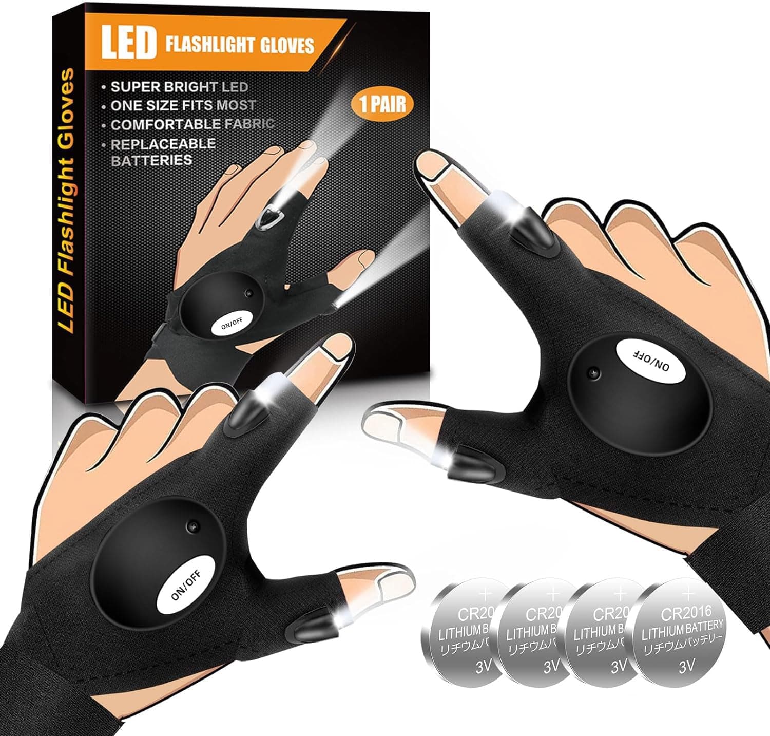 HBSTUDIOHBSTUDIO LED Flashlight Gloves Gadgets for Men Fathers Day Dad Birthday Gifts from Daughter Son as Fishing Camping Repairing Tools Stocking Stuffers Gifts（Black,2PCS）