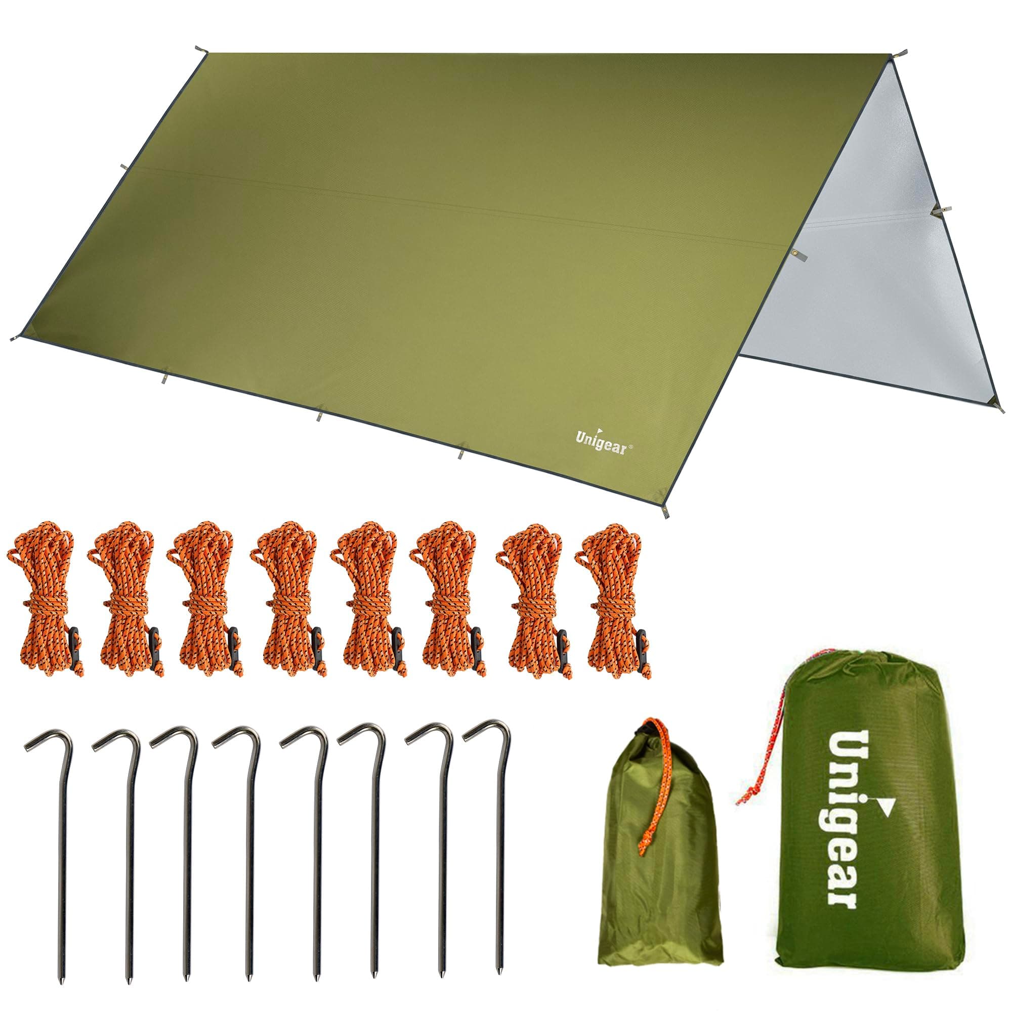 Unigear Hammock Rain Fly, 16.5/14.4/13.1/9.8ft Camping Tarp, UV Protection & Waterproof & Lightweight for Camping, Backpacking and Outdoor Adventure (Green, 14.4 * 14.4ft)
