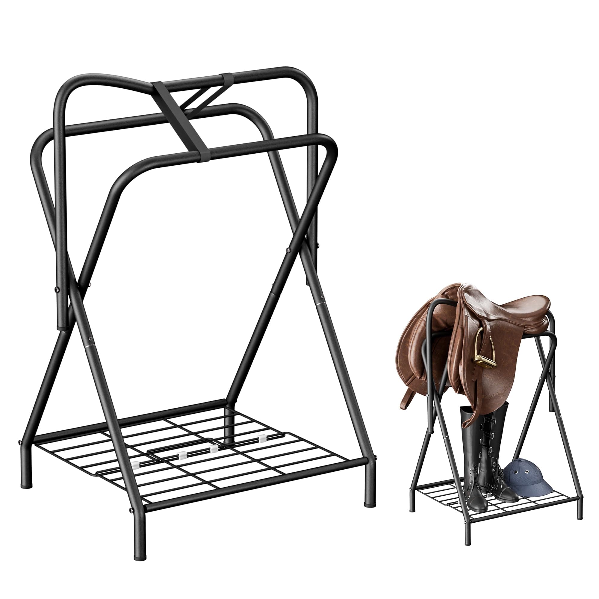 Foldable Saddle Rack with Bottom Storage Shelf – Heavy Duty Horse Saddle Stand for English & Western Saddles, Portable Blanket Holder & Saddle Pad Rack for Tack Room, Barn & Trailer, Black