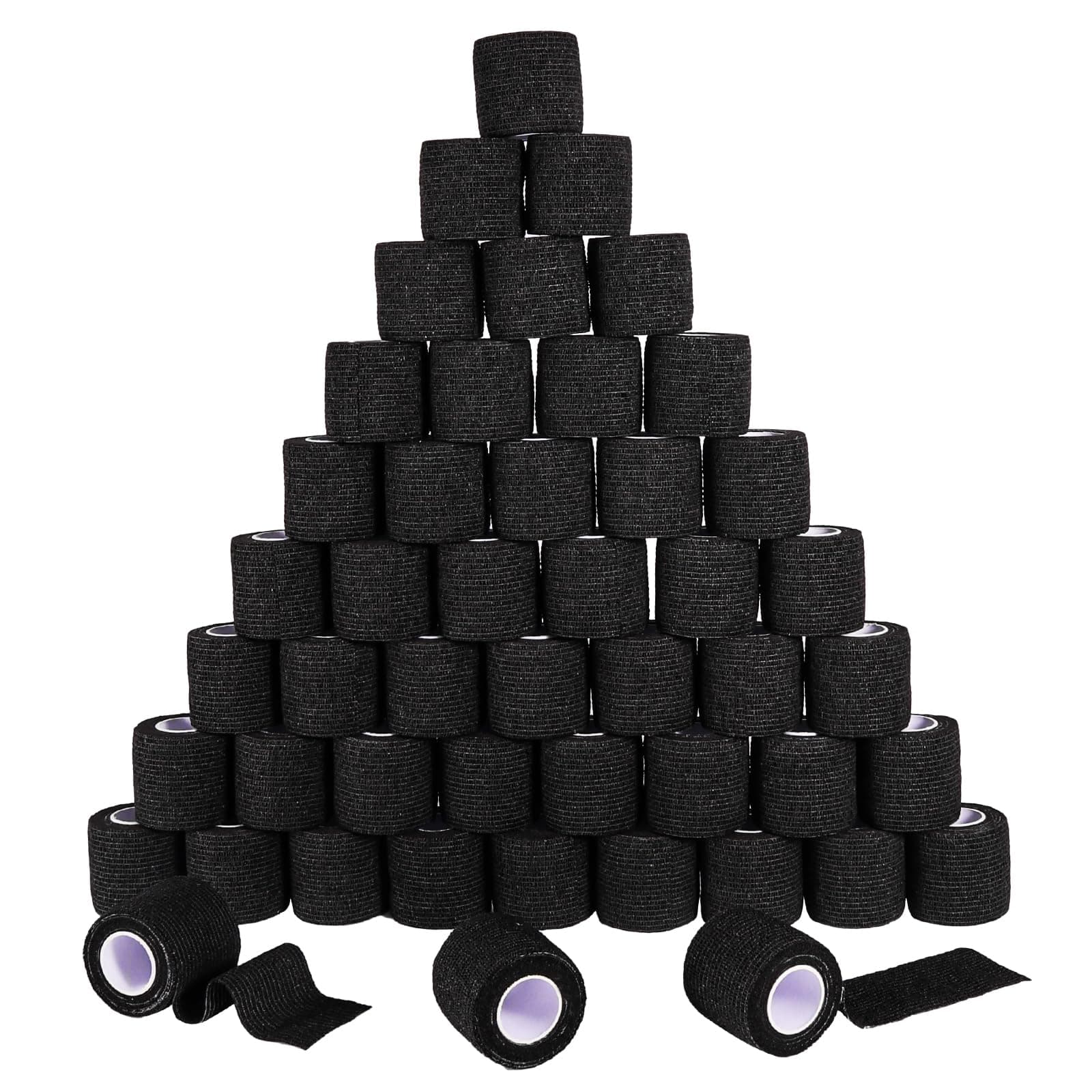 48 Pack 2” x 5 Yards Self Adhesive Bandage Wrap Athletic Elastic Breathable Cohesive Bandage Wrap Rolls for Stretch, Sports, First Aid, Wrist, Ankle Sprains, Swelling, Vet Wrap, Black