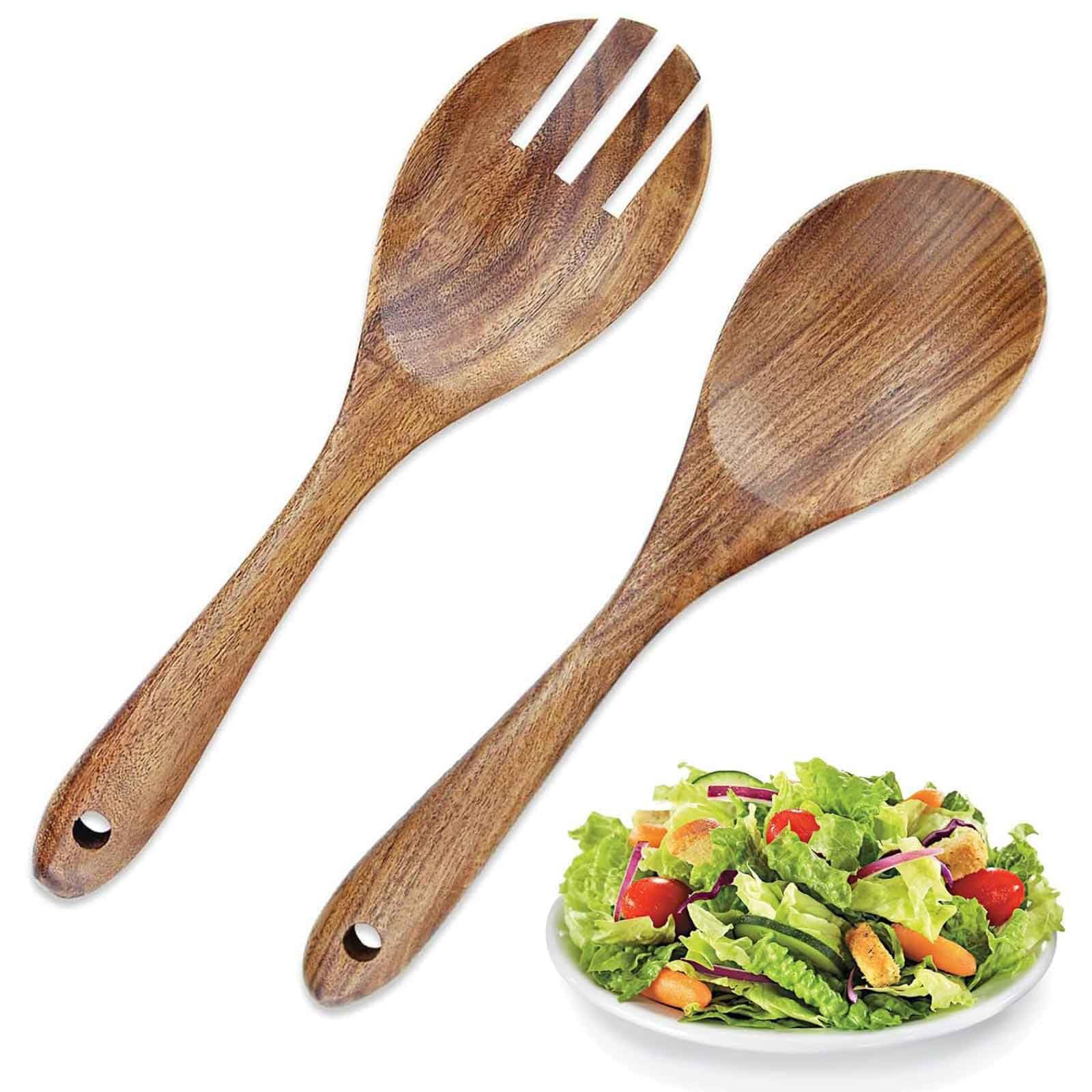 2 Pcs Durable Wood Salad Spoon and Fork Set - Long Handle Server With Mixing and Dinner Utensils for Serving
