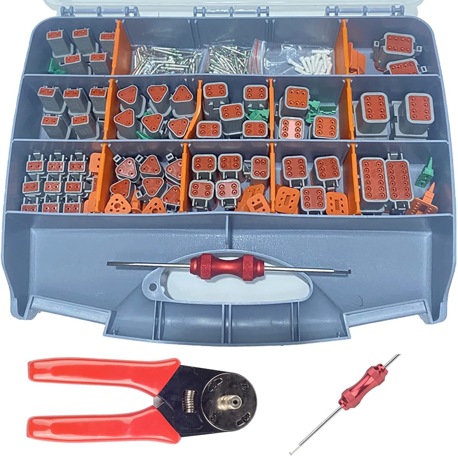 338 pcs DT Deustch Connector Kit,2 3 4 6 8 12 Pin Connectors, Crimping Tool(12-20AWG), DT Connector Removal Tool , Size 16 Solid Terminal Contacts(14-20AWG), Waterproof Automotive Electrical Connector