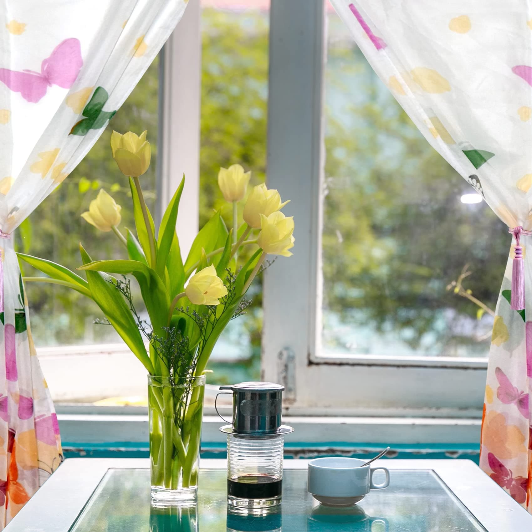 WATAWATA 2 Pcs Butterfly Pattern Shadow Net Curtain Grommet 100 x 200 CM Window Curtain Embroidery for Living Room Coffee Shop Bedroom (100 x 200 cm, Butterfly, 2)