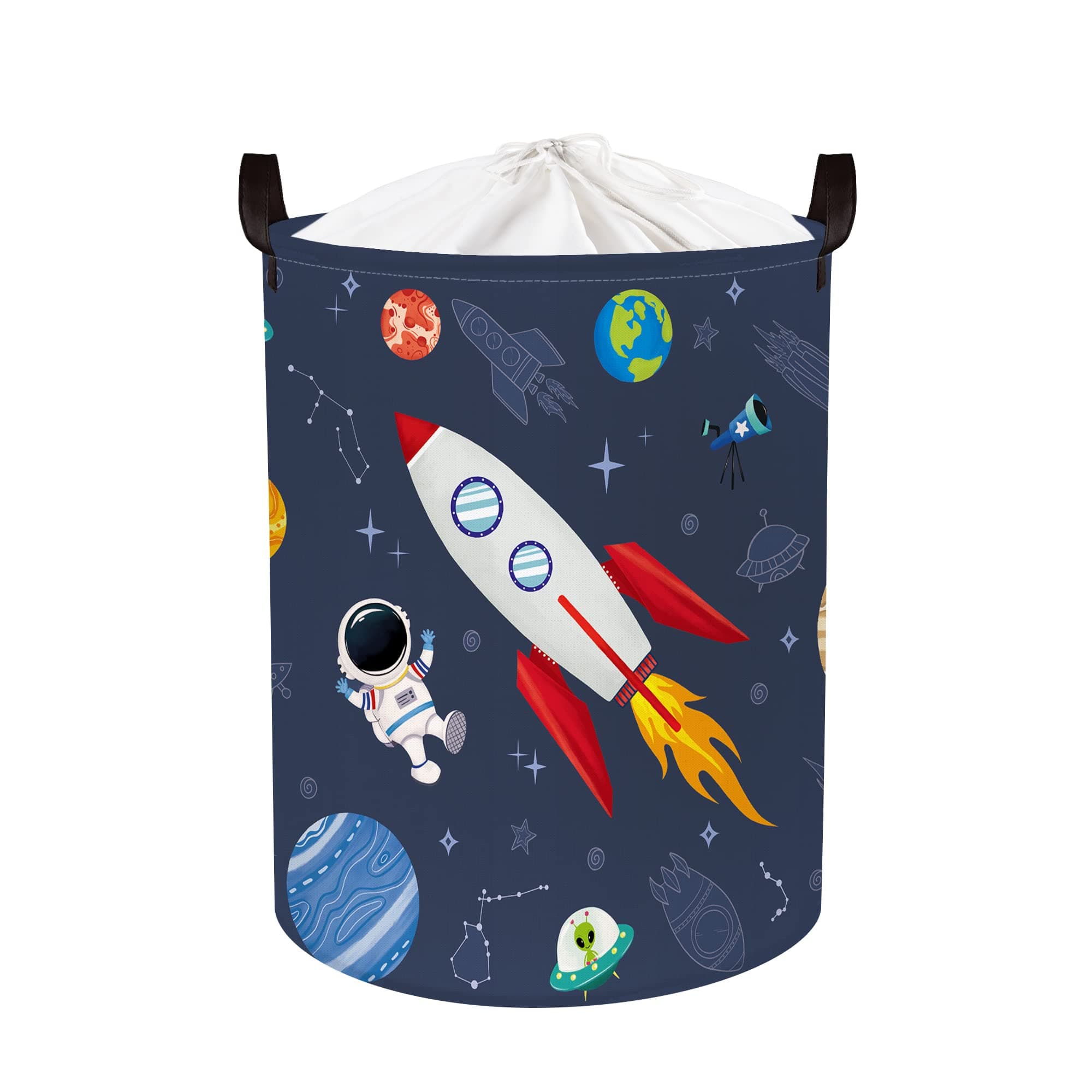 Clastyle 63L Cosmic Astronaut Rocket Laundry Hamper for Boy Large Large Collapsible Dirty Clothes Kid Laundry Basket Dark Blue Toys Storage Basket with Lid, 15.7x19.7 in