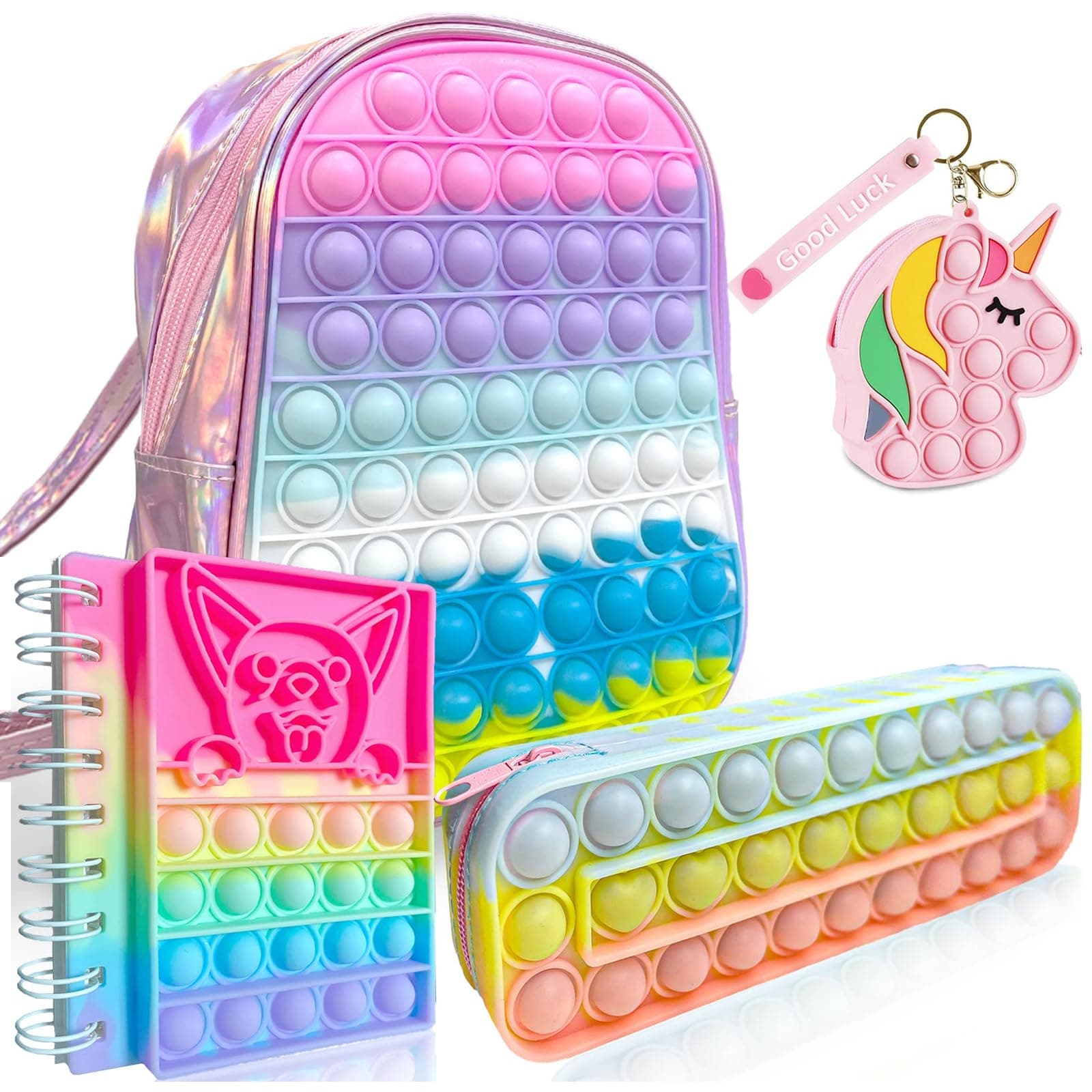 Pop Fidget Backpack for Girls & Notebook, Pencil Case, Keychain Pop Purse It Set for Kids Child Stress Relief, Pop Fidget Toys Gift for Birthday Party Favor Pop Its Bag Rewards Back to School Supplies