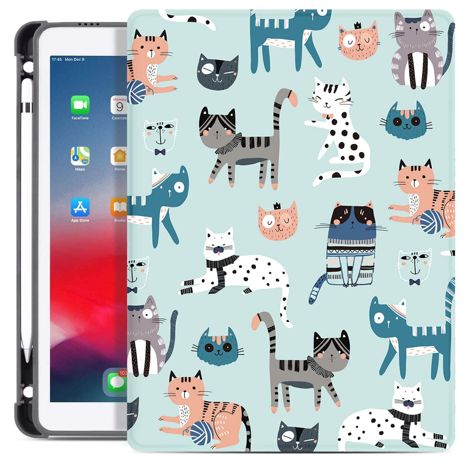 Case for iPad 9th/8th/7th Generation, iPad 10.2 Case for Girls Women, iPad Air 3 Case, iPad Pro 10.5 Inch Case, [Built in Pencil Holder], Auto Wake/Sleep, Cutie Cats