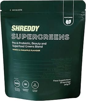 SHREDDY | Probiotic, Beauty, Superfood Greens Blend | 5 Billion Probiotics, 100% NRV Vitamins | 62 Nutrient-Rich Ingredients | Vegan-Friendly | Mango & Pineapple Flavour