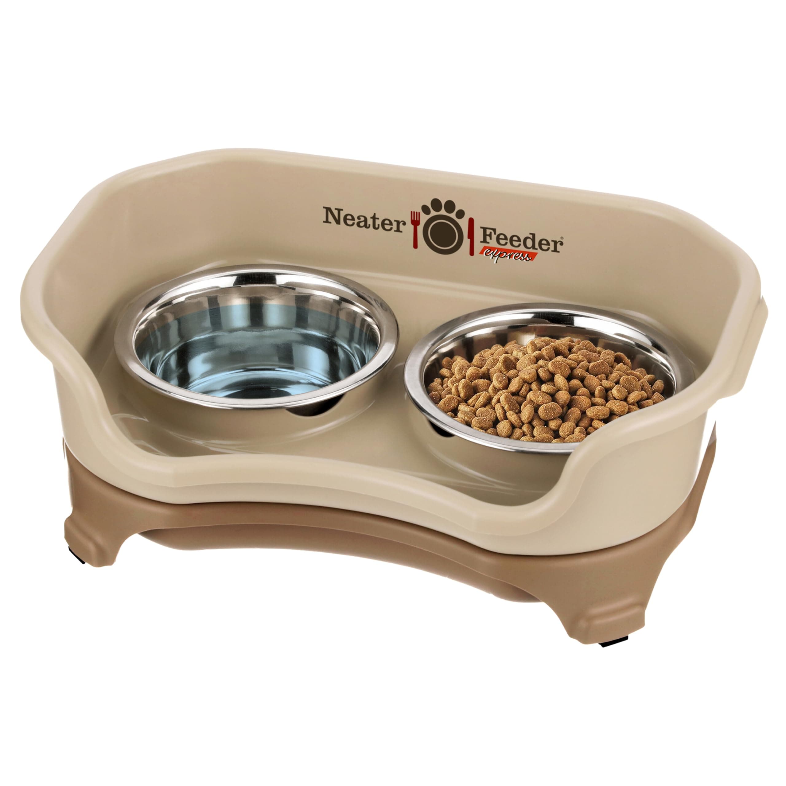Express Mess Proof Cat Bowls Elevated, No Spill Feeding Station, Stainless Steel Dishes for Food and Water, Raised Bowls for Indoor Cats, No Fatigue Whisker Friendly Dish, Cappuccino
