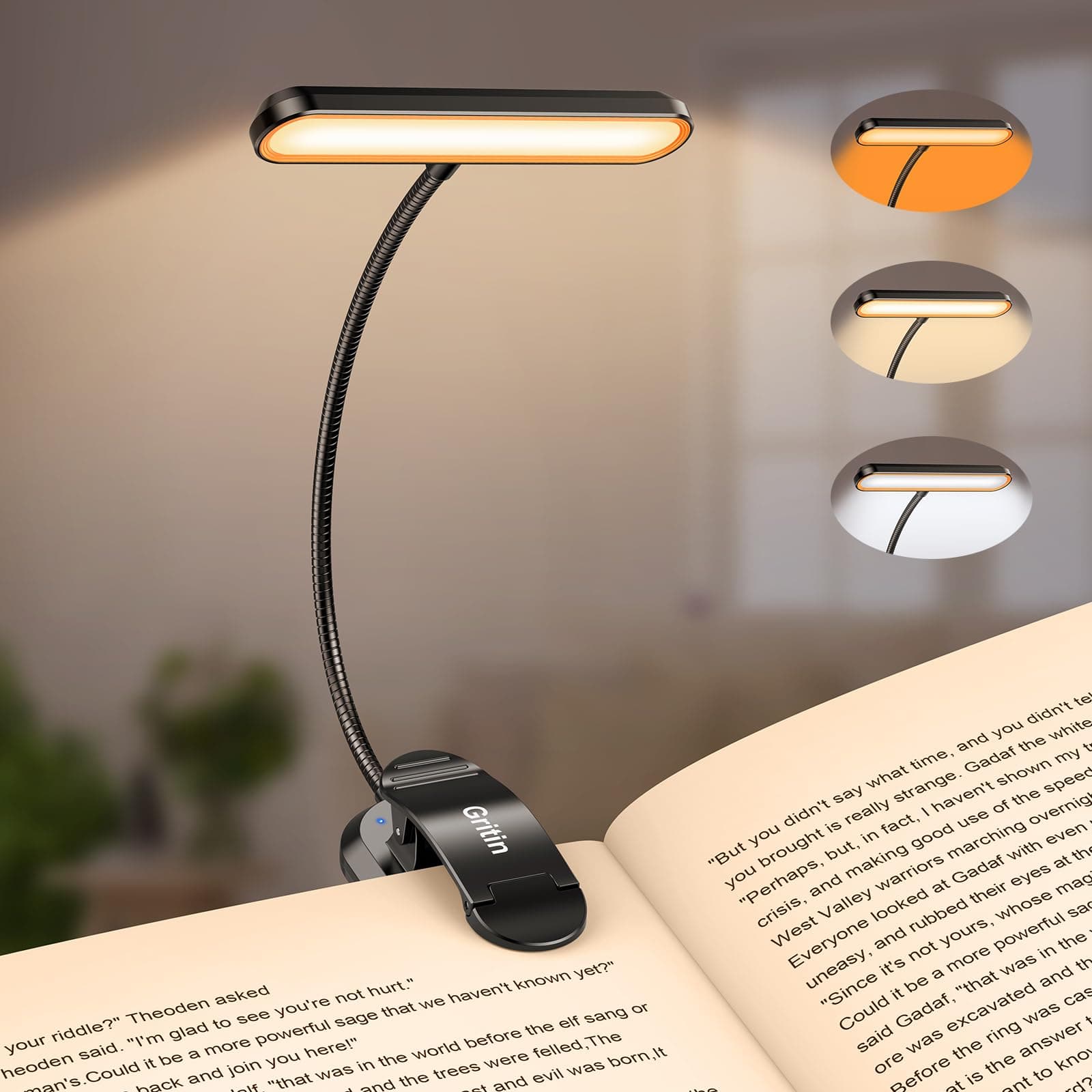 Gritin 19 LED Book Light, Reading Book Lamp for Reading at Night with Memory Function,3 Eye-Protecting Modes&5 Brightness Levels,Large Area,Long Battery Life,360° Flexible for Reader-Black