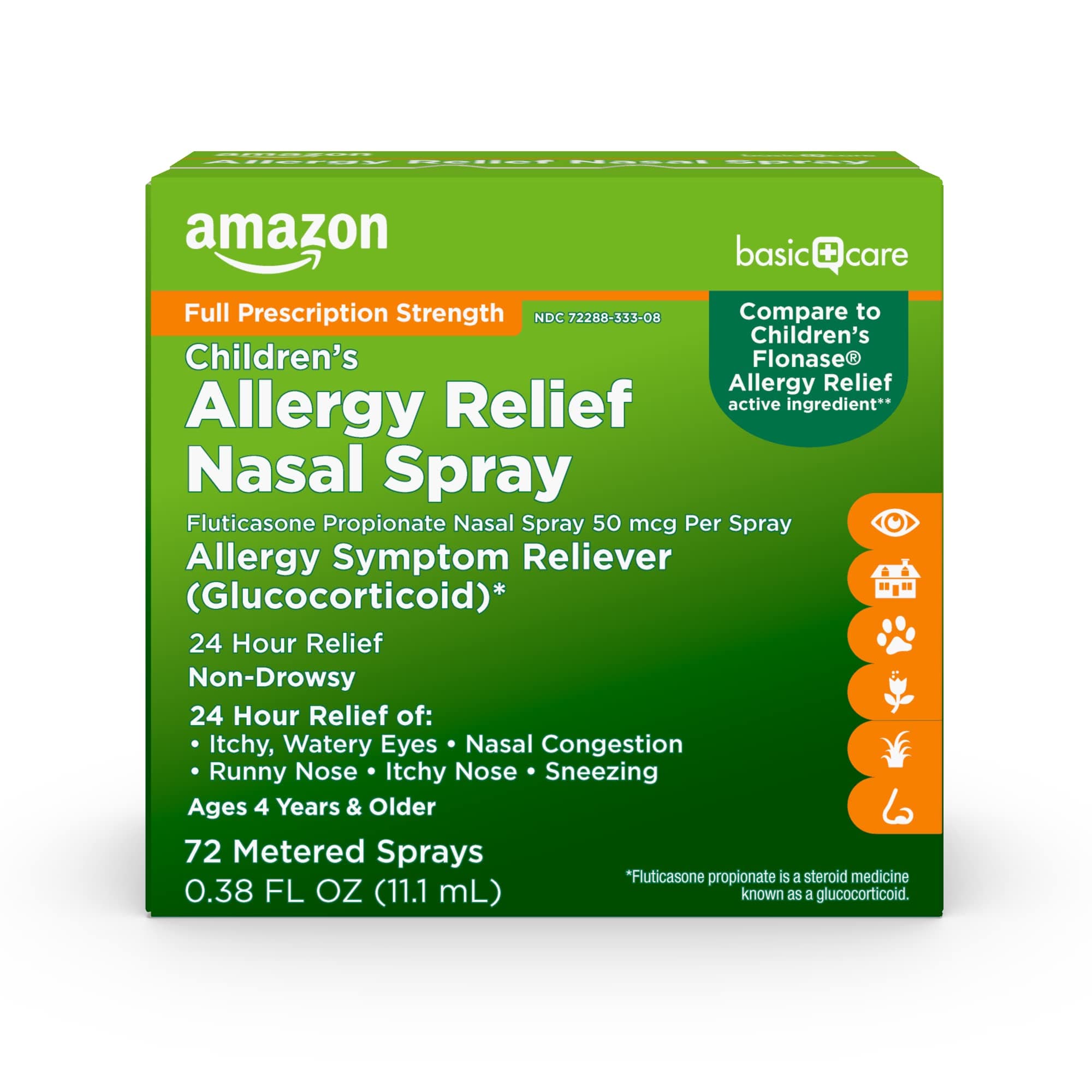 Amazon Basic Care Children's Fluticasone Propionate Nasal Spray, 24-Hour Allergy Relief, Non-Drowsy, Multi-Symptom Relief for Nasal Congestion, Ages 4+, 0.38 fl oz