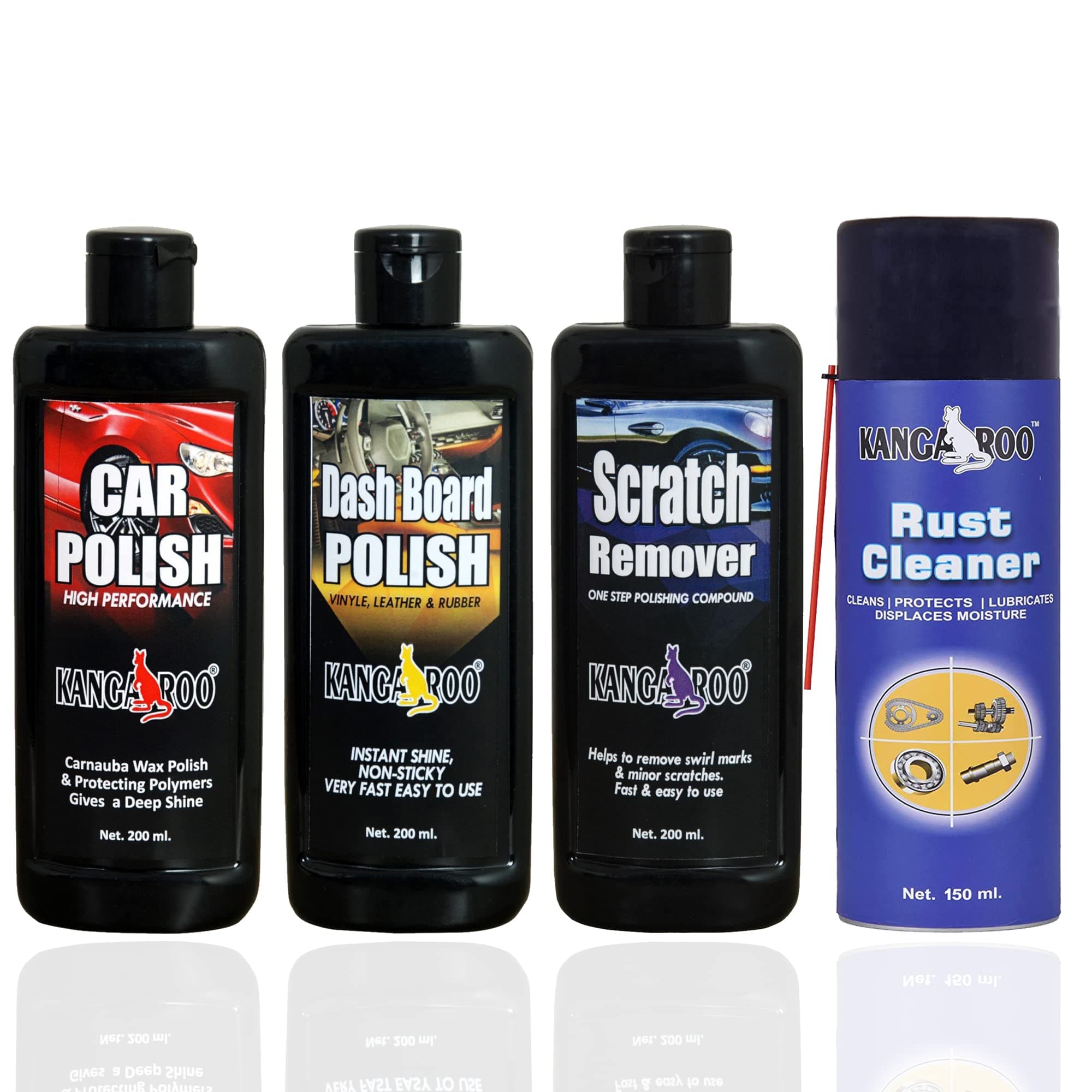 Kangaroo® Car Care Kit Include (Car Polish, Dashboard Polish, Scratch Remover, 200 ML Each and Multipurpose Rust Cleaner Spray