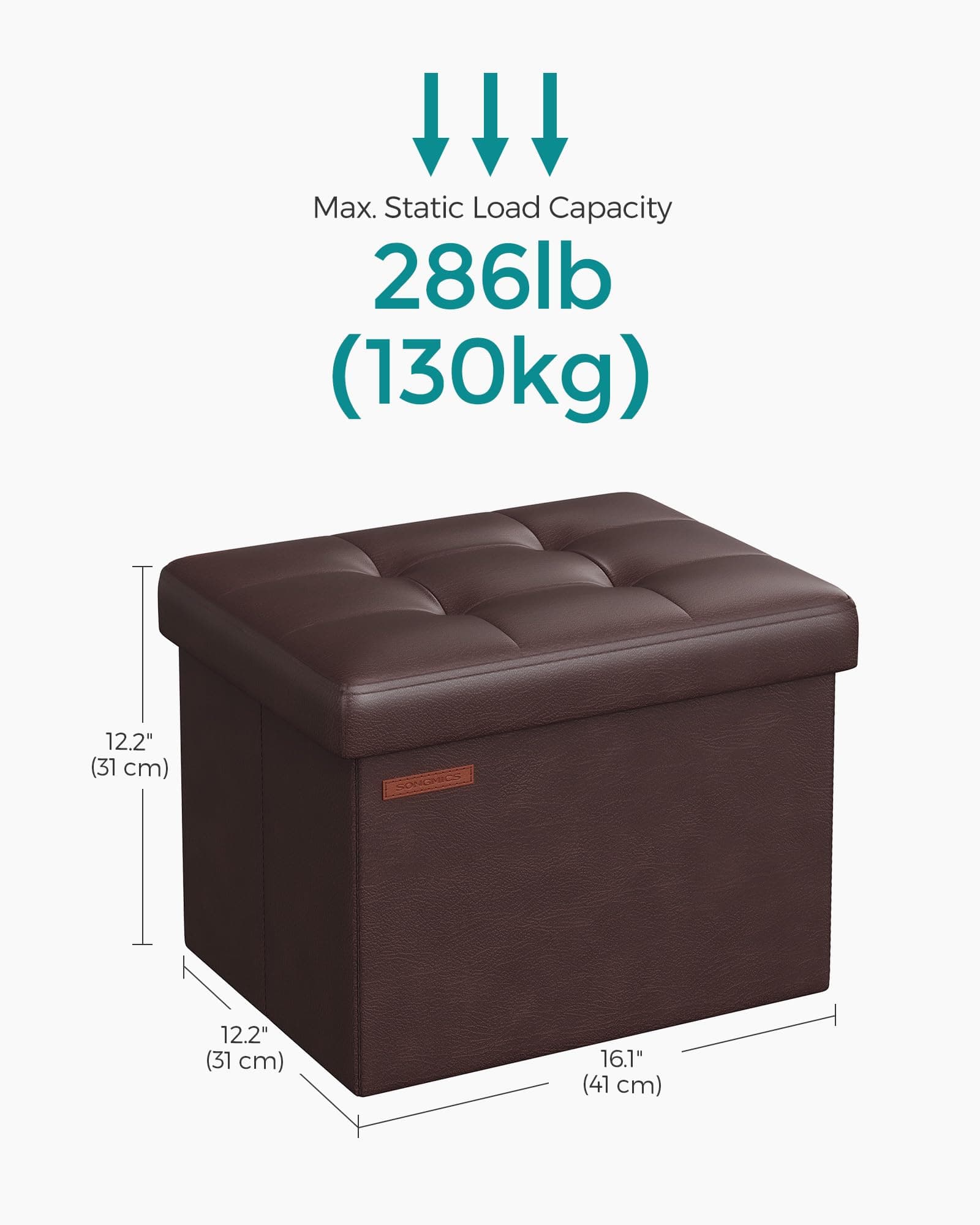 SONGMICS Small Folding Storage Ottoman, Foot Rest Stool, Cube Footrest, Synthetic Leather, 12.2 x 16.1 x 12.2 Inches, 286 lb Capacity, for Living Room, Bedroom, Dorm, Chestnut Brown ULSF100K02