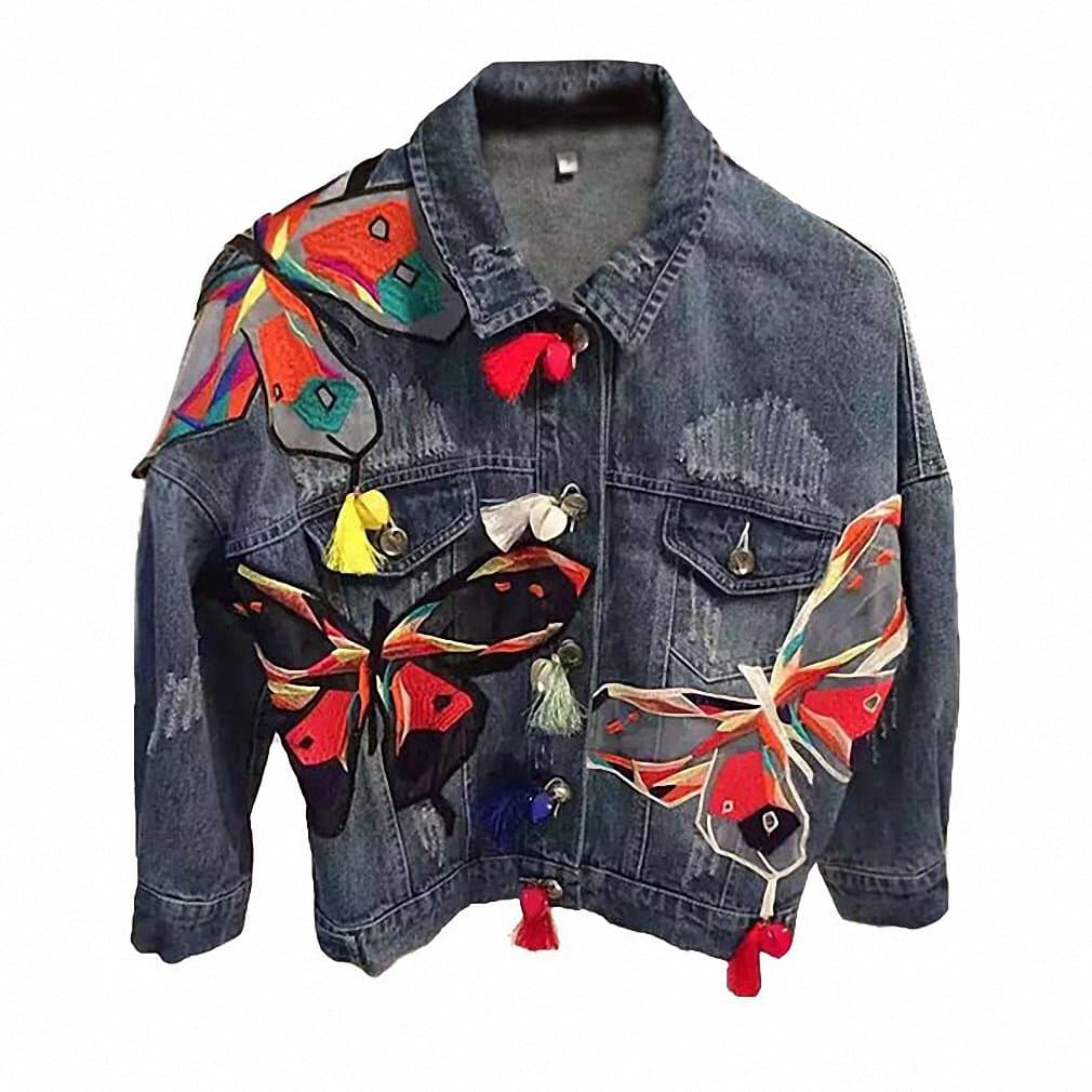 Women Basic Coats Butterfly Embroidered Patch Blue Bomber Jacket Tassel Denim Jacket Spring Autumn Denim Jackets Female L181