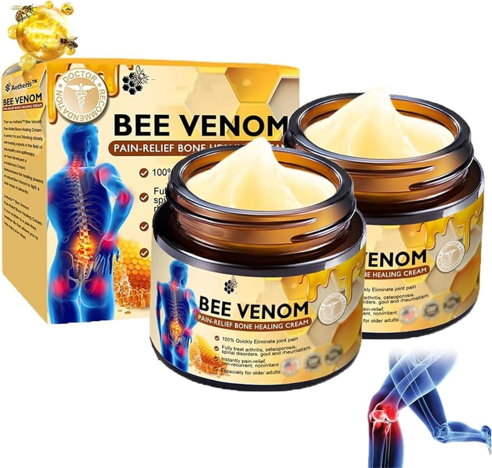 Aetheris Bee Venom Pain-Relief Bone Healing Cream, Aetheris Bee Venom Instant Ultra Strength Pain Relief Therapy Cream, Effective Relief for Back, Neck, Hands,Knee (2pcs)