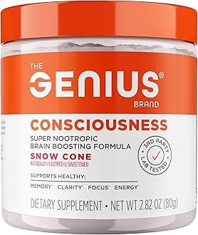 The Genius Brand Genius Consciousness - All-in-One Brain Health Supplement for Clarity - Supports Concentration, Creative Thinking, Energy & Memory - Powered by Nootropics - 15 Servings - Snow Cone