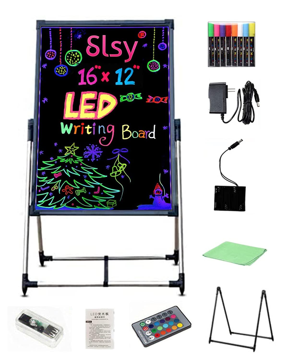 Padom Illuminated LED Message Writing Board, Erasable Neon Effect Menu Sign Board with 8 Fluorescent Makers Remote Control,12Colors Flashing Modes Light Up Board (60 X 80 CM)