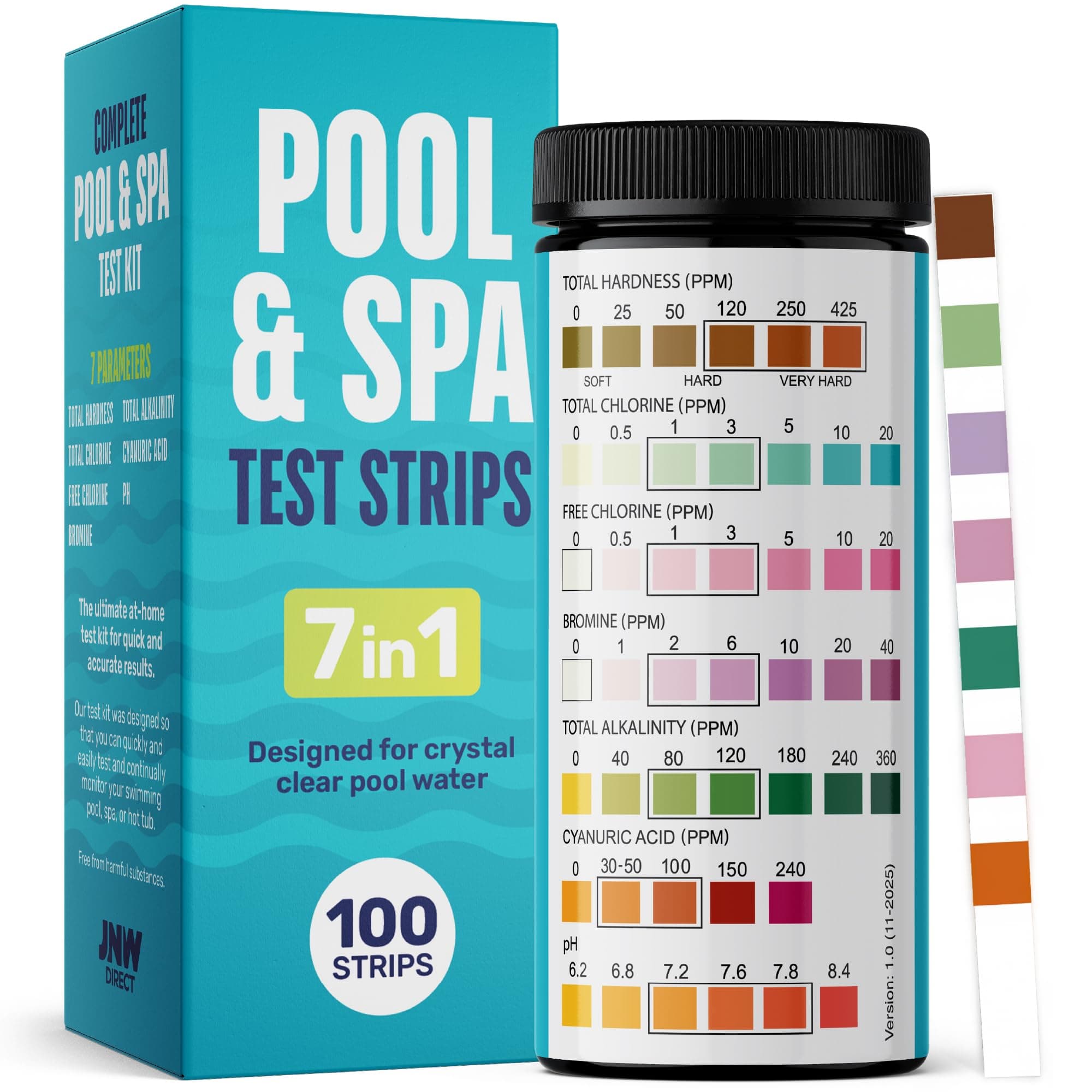 Pool Test Strips, Quick & Accurate Pool and Spa Test Strips, Pool Water Test Kit - Chlorine, Bromine, pH, Hardness, Alkalinity, Pool Water Tests, Spa and Hot Tub Test Strips - JNW
