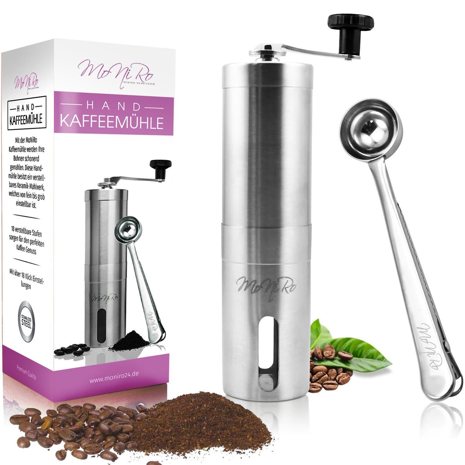 MoNiRo® Manual Coffee Grinder with Adjustable Ceramic Grinder – High-Quality Stainless Steel Manual Coffee Grinder for Espresso, Filter Coffee, French Press and Turkish Coffee
