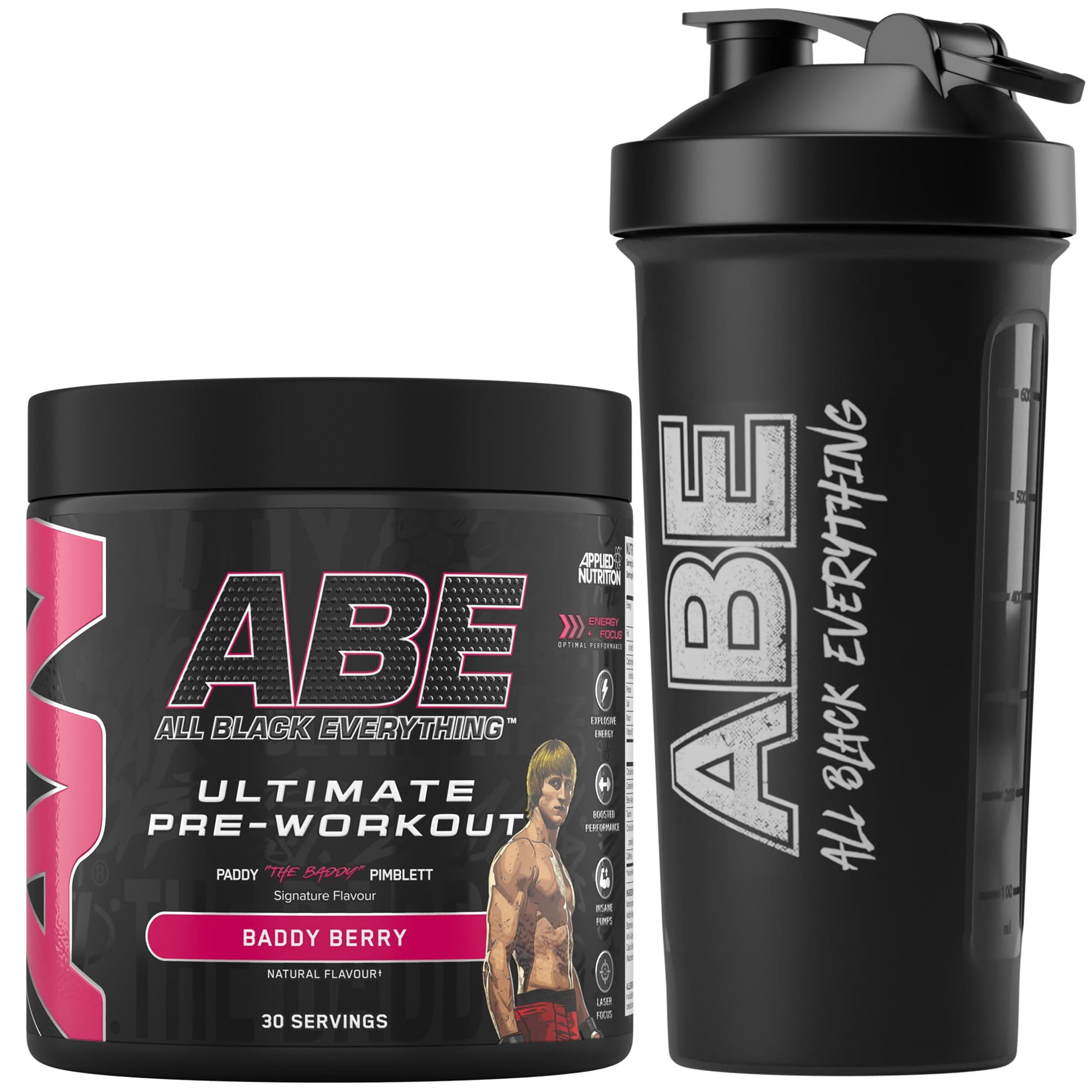 Applied Nutrition Bundle ABE Pre Workout 315g + ABE Black Shaker | All Black Everything Pre Workout Powder, Energy Drink, Physical Performance, Creatine, Beta Alanine, Caffeine (Baddy Berry)
