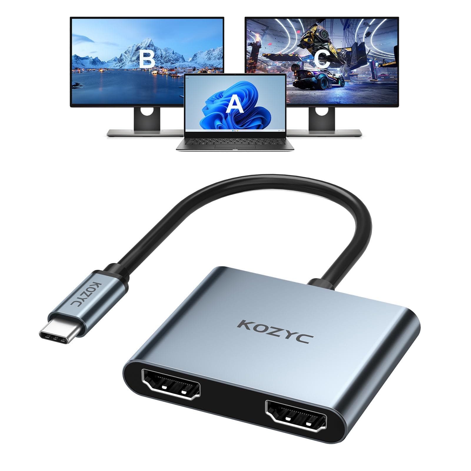 KOZYC USB C to Dual HDMI Adapter 4K@60hz, Type C to HDMI Splitter Extended Display for MacBook/MacBook Pro Air Dell XPS13/15, Samsung Galaxy S9/S9+ (MST Only Support Windows OS)