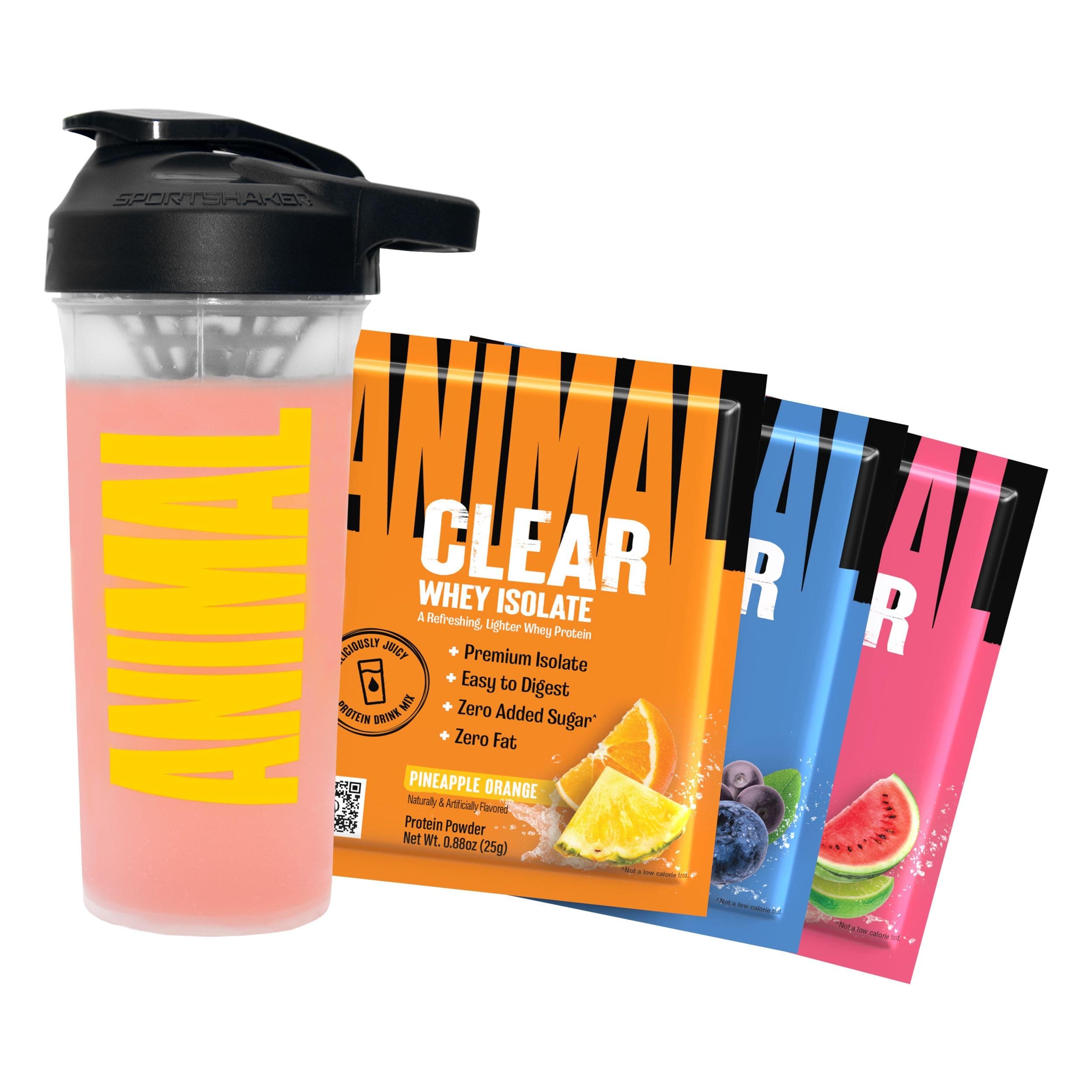 Clear Whey Protein Isolate Sampler Pack & Shaker Bottle - Deliciously Juicy 20g Protein, Watermelon Limeade, Blueberry Acai, Pineapple Orange, 3 Single-Serving Packets