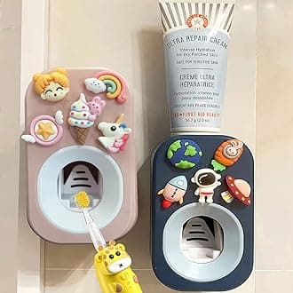 Automatic Kid Toothpaste Dispenser Wall Mounted for Bathroom,Toothpaste Squeezer for Kids & Family Shower by Mr. Thumbs (2pc,Astronaut& Unicorn)
