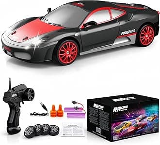 Remote Control Car RC Drift Car 2.4GHz 1:24 Scale 4WD 15KM/H High Speed Model Vehicle with LED Lights Drifting Tire Racing Sport Toy Car for Adults Boys Girls Kids Gift 2Pcs Rechargeable Batteries