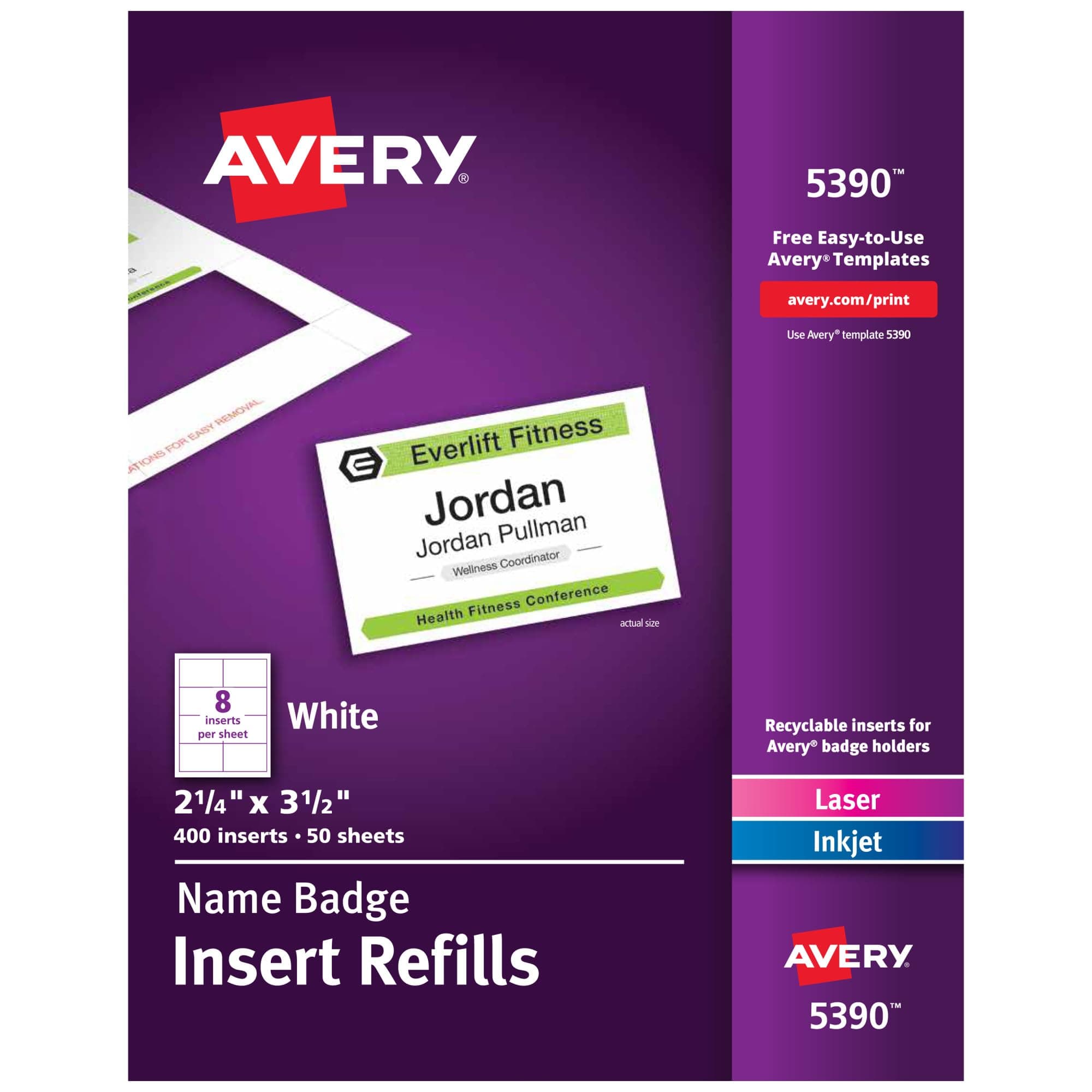 Avery Customizable Name Badge Inserts, 2.25" x 3.5", White, 400 Printable Name Tag Inserts (5390)