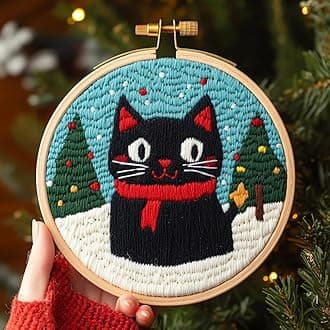 DIY Punch Needle Kits for Beginners Black Cat with Christmas with Hoop Embroidery Punch Needle Starter Craft Set Easy for Adults and Children Festival Gift and Decoration 20x20cm-1