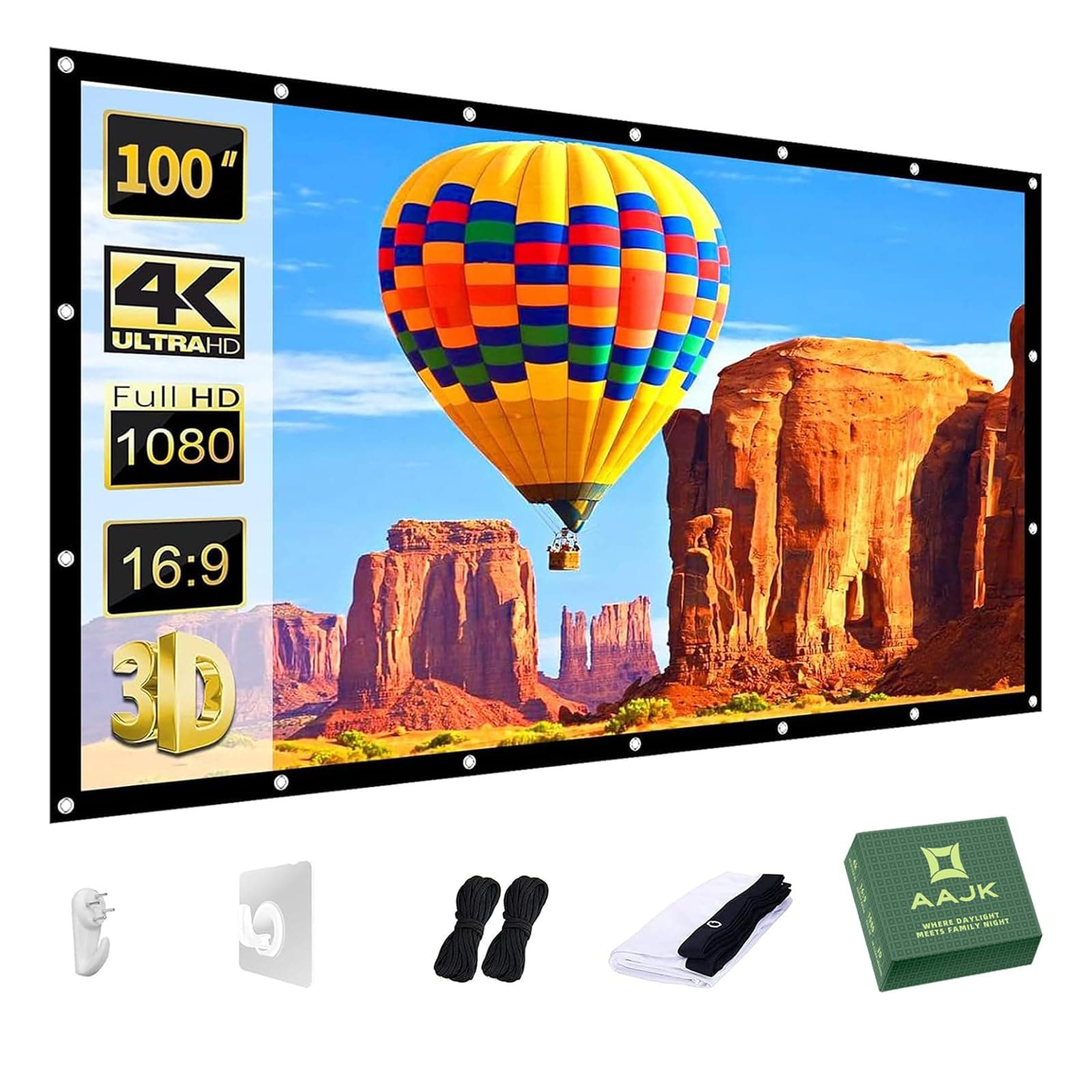 AAJK Projection Screen 100 inch, Washable Projector Screen 16:9 Foldable Anti-Crease Portable Projector Movies Screen for Home Theater Outdoor Indoor Support Double Sided Projection