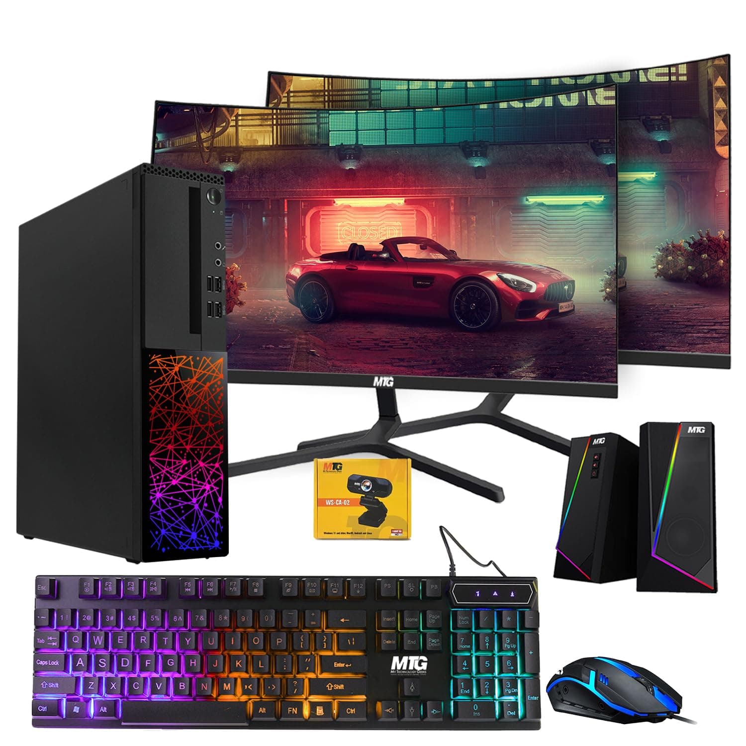 TechMagnet Gaming Desktop PC, Intel i5 6th, Galaxy, 16GB RAM, 1TB SSD, MTG New Dual 24 Inch Curved Monitor, RGB Keyboard Mouse, GT 1030, Speaker, Webcam, Windows 11 (Renewed)