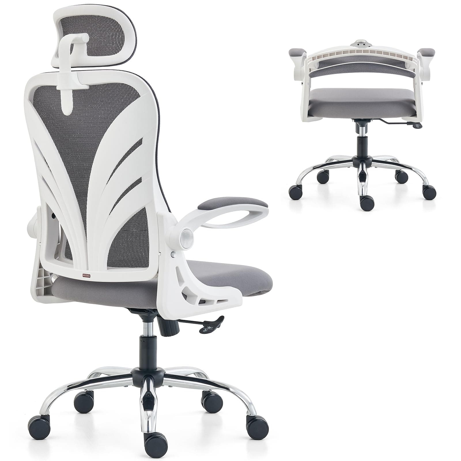 HOLLUDLE Office Chair with Folding Backrest, Ergonomic Computer Chair with 2D Headrest, Folding Armrests and Mesh Lumbar Support Office Seat, White