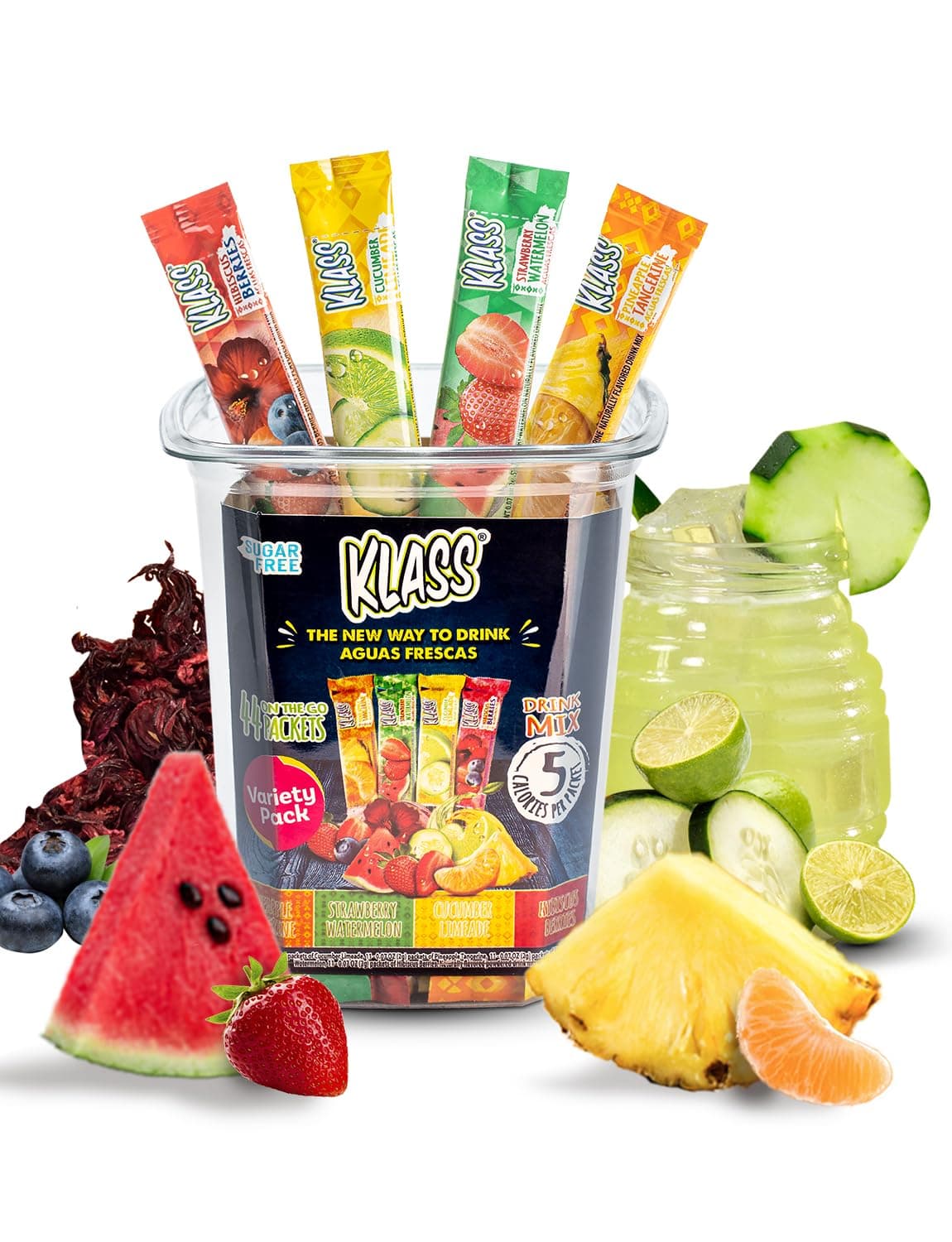 Powdered Drink Mix Variety Pack, 44 Singles Zero Sugar & Caffeine-Free Powder Packets, Water Drink Mix, Flavors: Cucumber Limeade Pineapple Tangerine Strawberry Watermelon & Hibiscus Berries - 5 Calories Per Packet & Natural Flavors