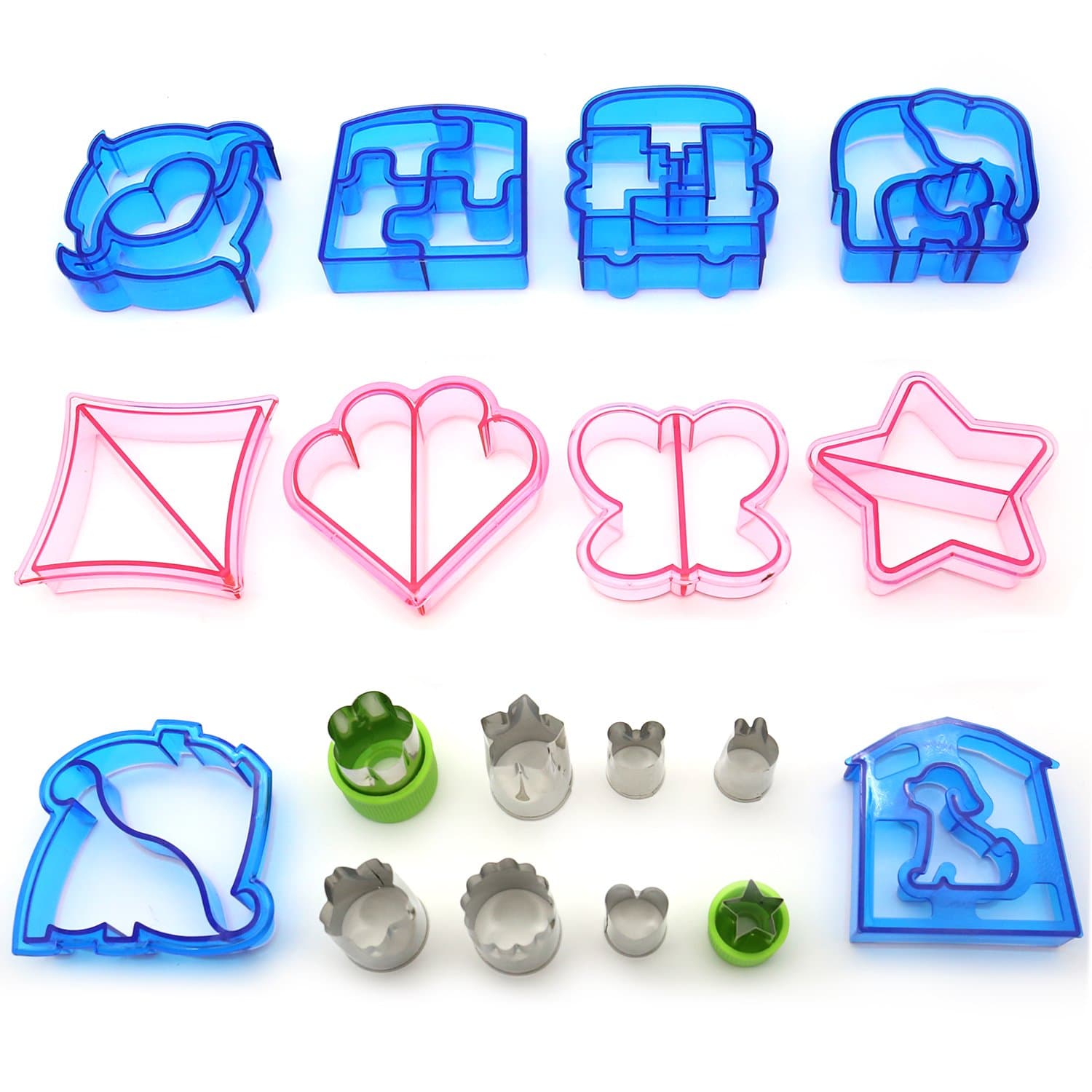 LADUO 18 pcs Creative Plastic Bread Sandwich Cutter Shapes Set & 18/8 Stainless Steel Vegetable&Fruit Cheese Cookie Cutters Shapes Set for Kids Tasteless