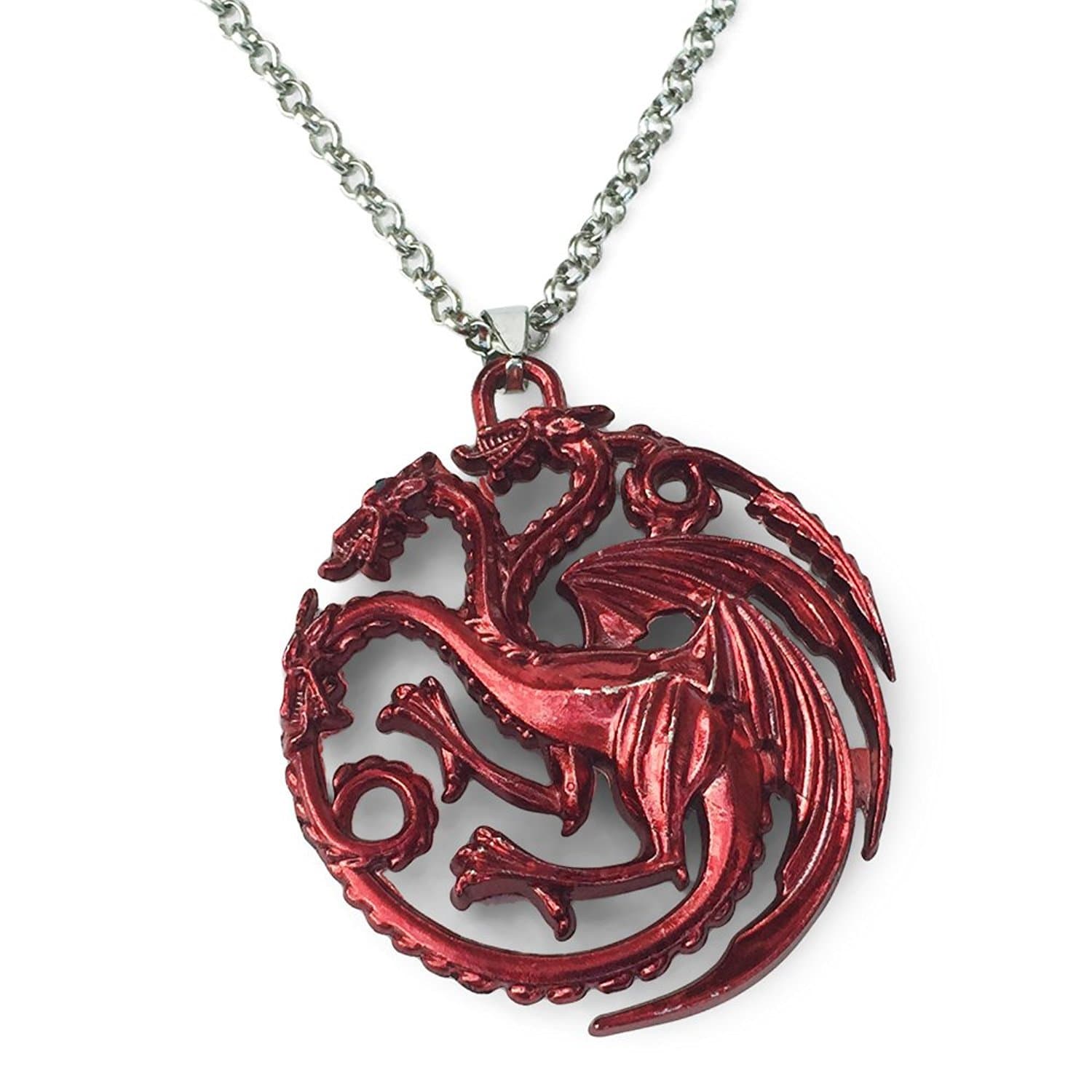 GOT Inspired Merchandise. Red Three Headed Dragon Pendant with Silver Tone Chain Necklace