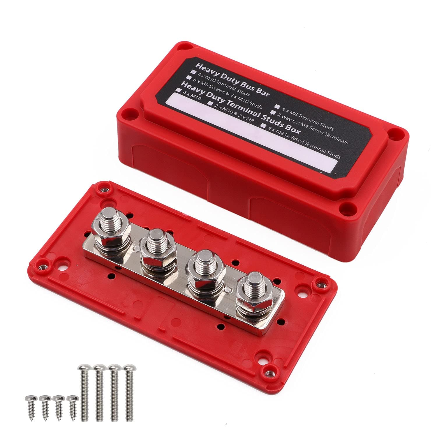 M10 Post Bus Bar Box 12V- 48V DC 300 Amp, Heavy-Duty Module Design 4 Studs Terminal Bus Bars Power Distribution Block with Cover, Red