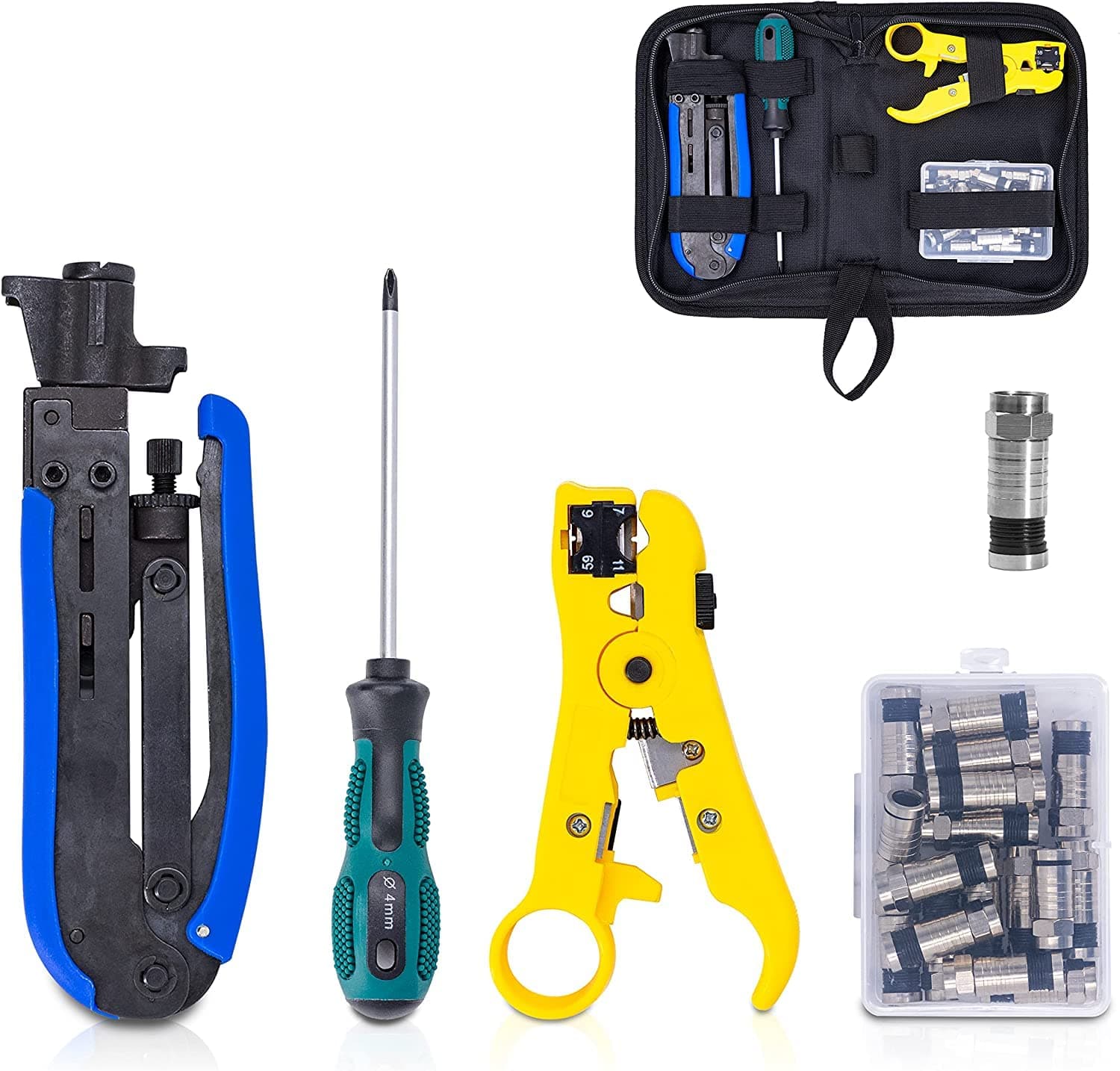 Fstop Labs KOTTO Coax Cable Crimper Kit, Compression Tool Coax Cable Crimper Kit, Adjustable RG6 RG59 RG11 75-5 75-7 Coaxial Cable Stripper with 20 PCS F Compression Connectors