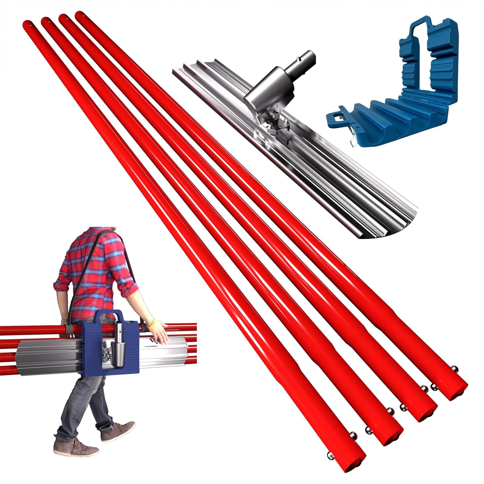 RUPERTOOL Concrete Bull Float Tools Kit, Aluminum Magnesium Alloy Float 48'' x 8", for Concrete Finishing, with Carrying Plastic Tool Box and Belt