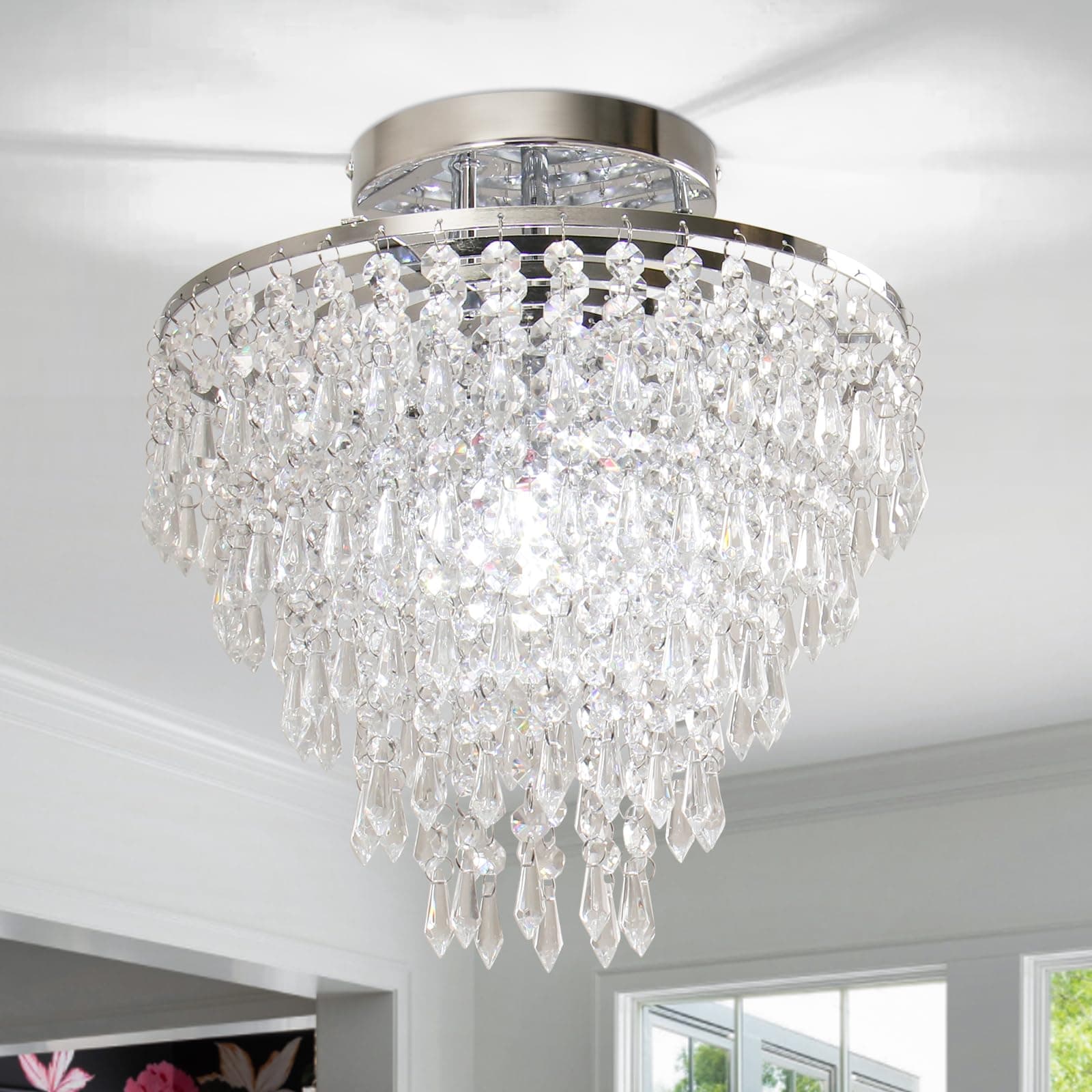 11.8" Crystal Chandelier Chrome Flush Mount Ceiling Light 5 Tiers Raindrops Silver Chandeliers for Bedroom Hallway Living Room,E26 Base