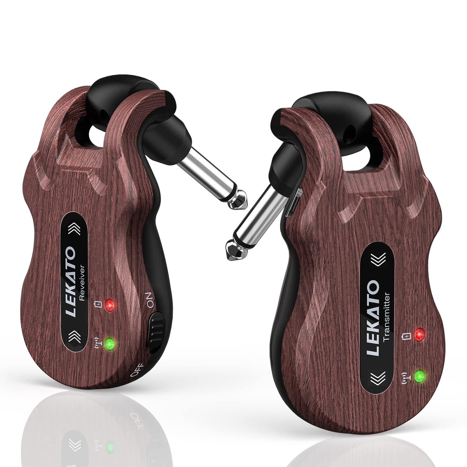 LEKATO - Wireless Guitar System 5.8 Wireless Guitar Transmitter Rechargeable Audio Receiver Wireless Transmitter 4 Channel Receiver Transmission Range for Electric Guitar Bass (Grain)