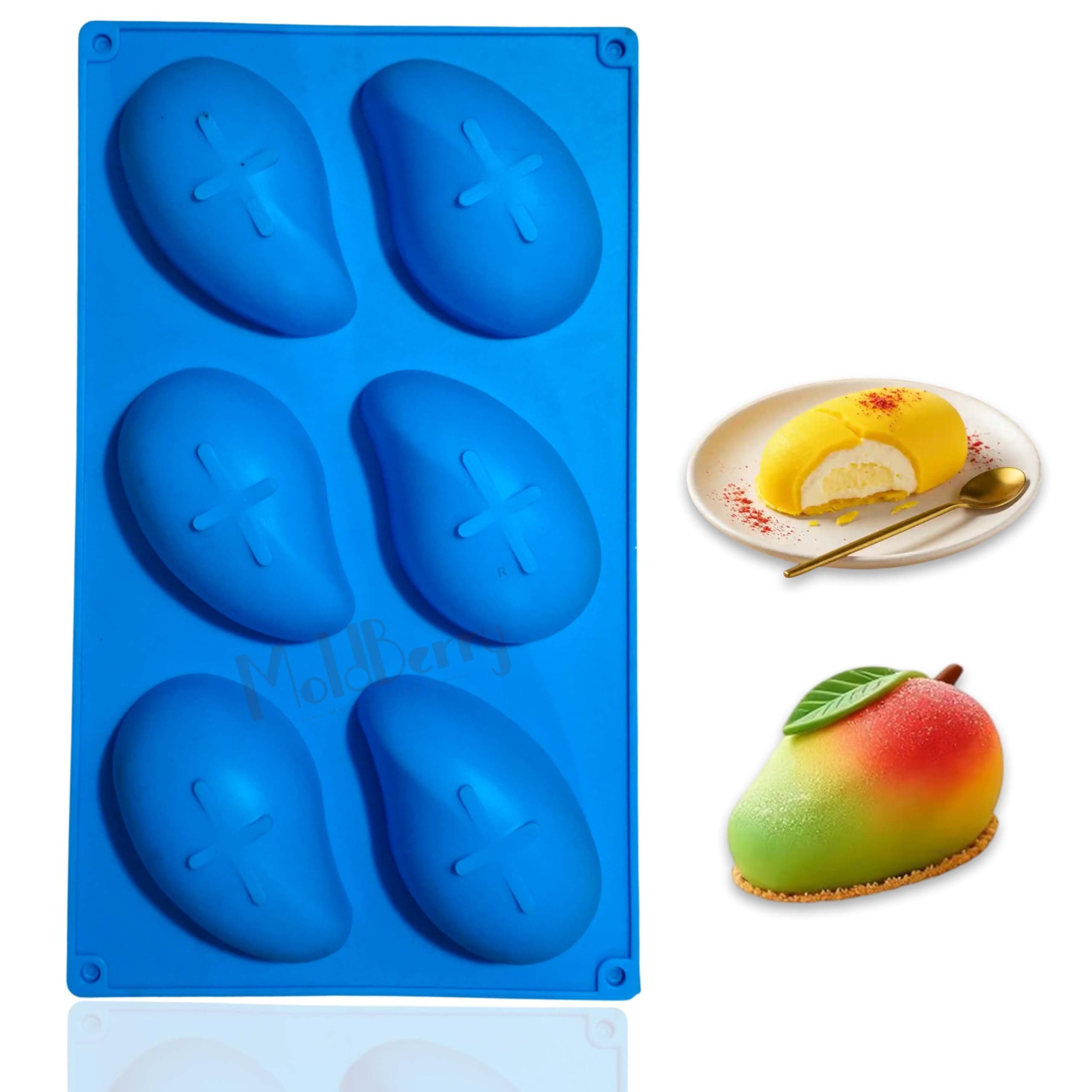 MoldBerry Mango Silicone Mold 6 Cavity | 3D Mango Shape Mousse Cake Mould | Food Grade Silicone Chocolate, Ice Cream, Jelly & Dessert Baking Mold | Freezer & Oven Safe | Multicolor Pack 1