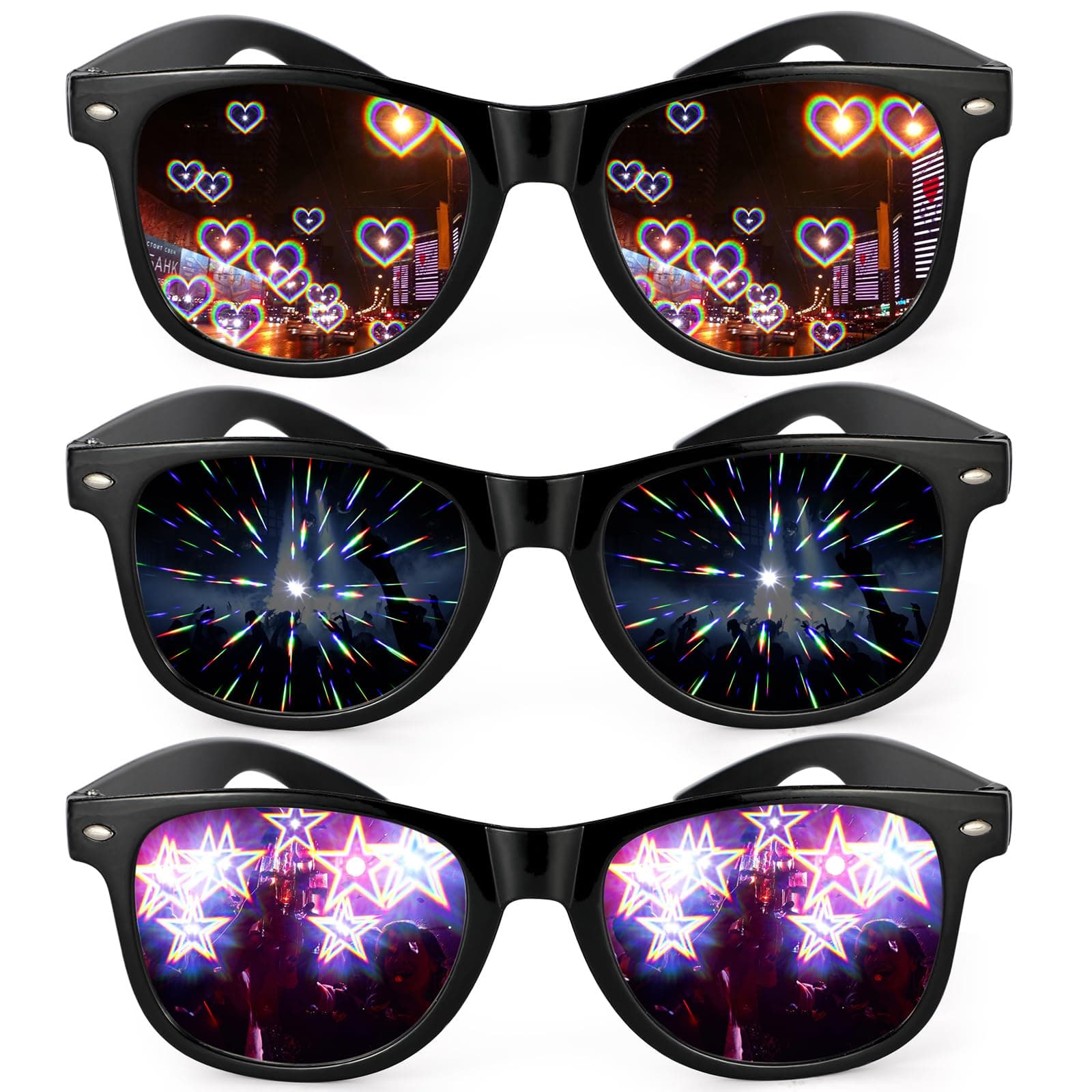 HIFOT 3 Pcs Diffraction Glasses - 3D Prism Rainbow Heart Star Effect with Black Frames, Light Refraction Glasses, Rave Sunglasses Women Men for Night Edm Concert Festival Party Club Rave Accessories