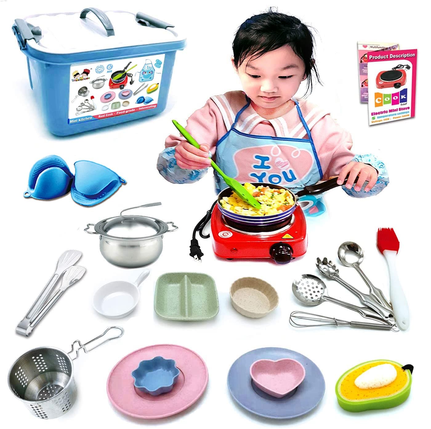 BABYHORSE Kids Junior Tiny Real Easy Cooking Kitchen Set and Baking Kit - 22 Pc. Mini Stove Burner, Chef, Apron, Oven Mitt, Recipes - Easy Cook Real Food Utensils Gift for Boys and Girls Ages 6-12…