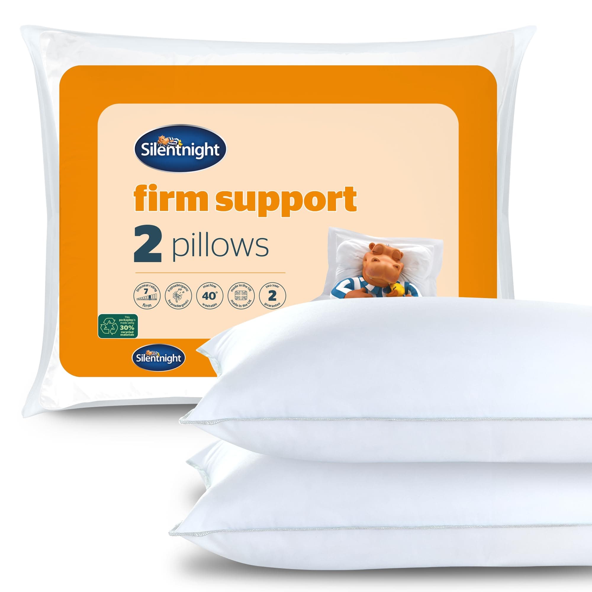 Firm Support Pillow Pack of 2 - Side Sleeper Pillows for Sleeping Neck Back Orthopaedic Pain - Machine Washable Pillow Pair for Side Sleepers, White, packaging may vary