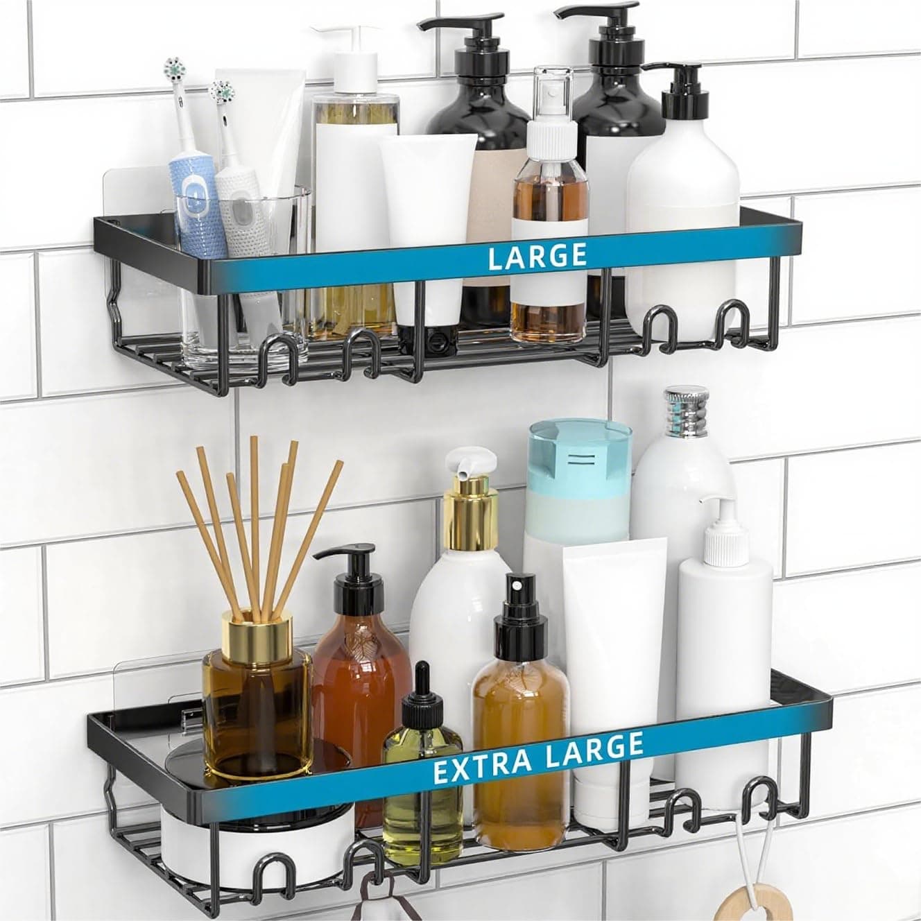 Moforoco Shower Caddy Shelf Organizer Rack, Self Adhesive Black Bathroom Shelves Basket, Home Farmhouse Wall Inside Organization and Storage Decor Rv Accessories, First Camper Apartment Essentials