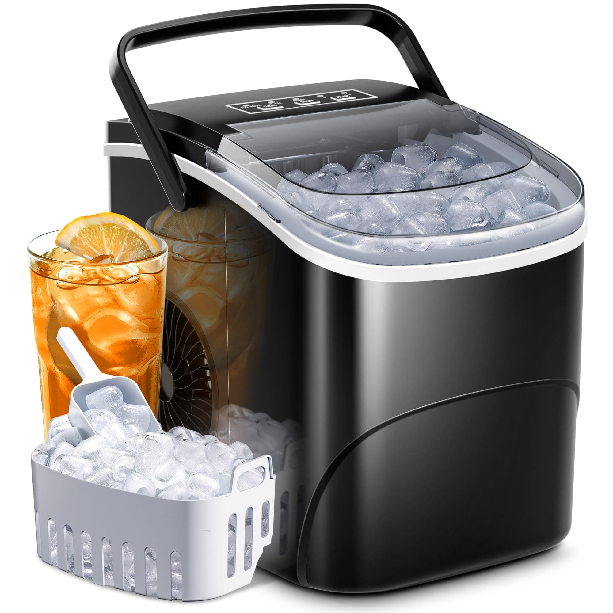 Ice Makers Countertop with Handle,26.5Lbs/24H,9 Cubes in 6 Mins,2 Sizes of Bullet Ice,Portable Machine with Self-Cleaning,Perfect for Home Kitchen(Black)