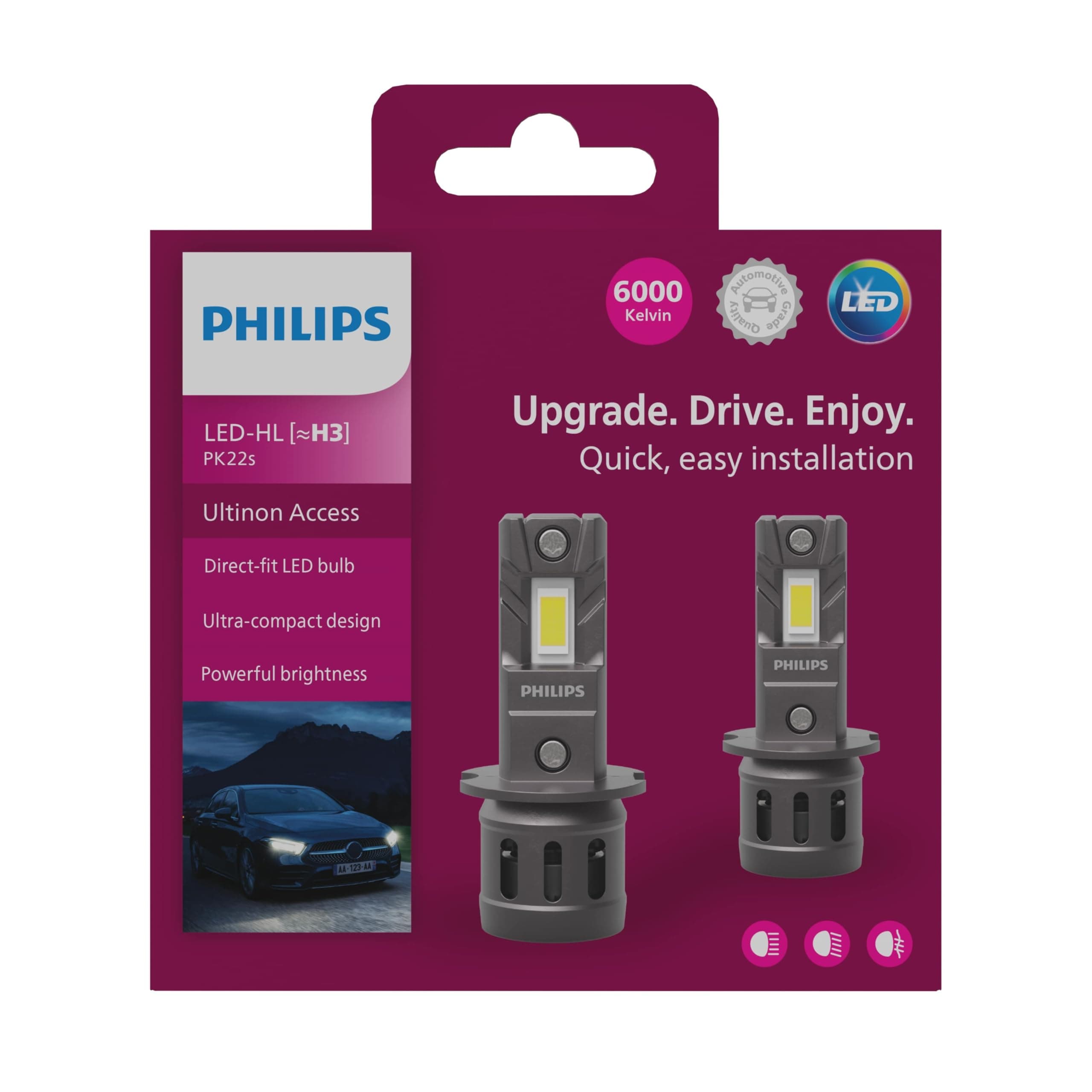 Philips Ultinon Access LED car headlight bulb (H3), ultra-compact direct-fit, 80%, 6000K, set of 2
