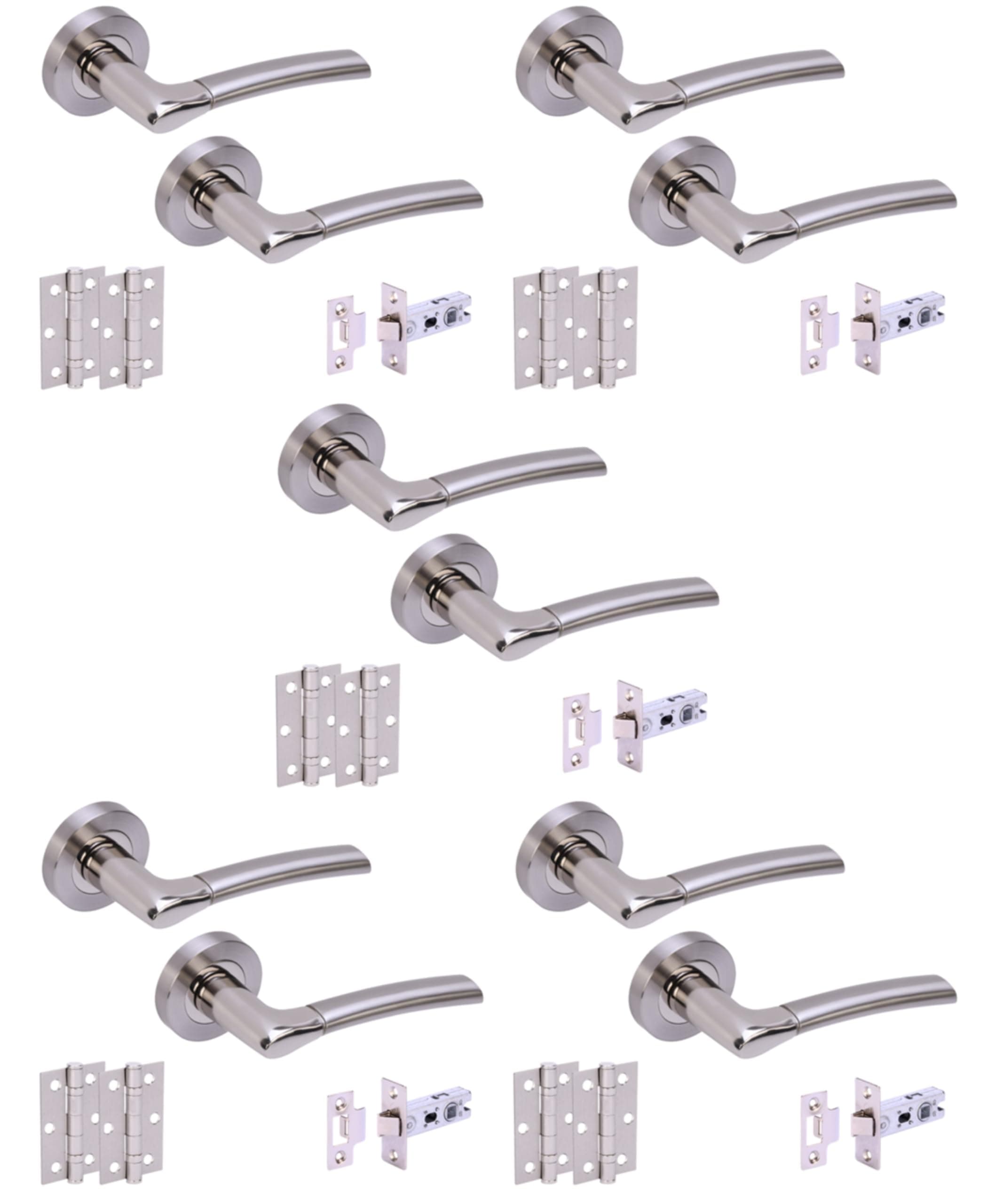 Hunta HANDLEZONE® 5 Sets Ursa Internal Door Handles on Rose Lever Latch Packs with 75mm Ball Bearing Hinges and 76mm Latches - Dual Polished/Satin Nickel