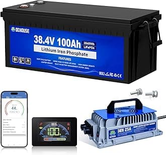DC HOUSE Upgraded 36V 100Ah Lithium Golf Cart Battery w/Switch, 150A BMS Lifepo4 Battery with 36V 25A Charger, Bluetooth & LCD Monitor, Peak Current 500A,for Trolling Motors,Marine