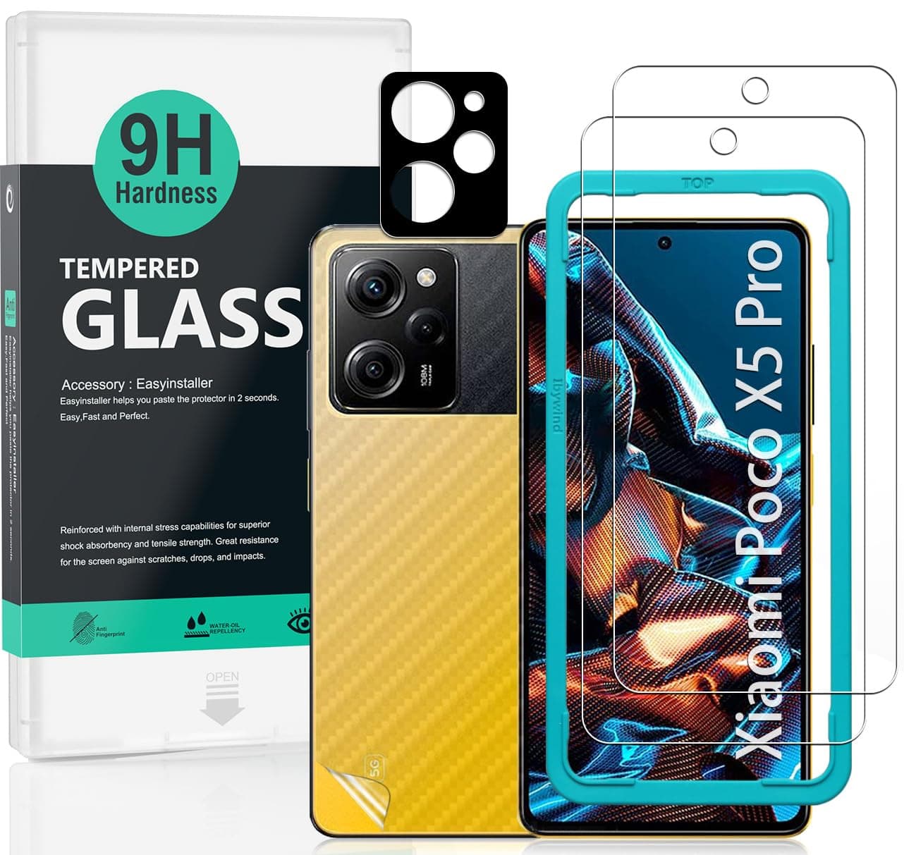 Screen Protector For Xiaomi Poco X5 Pro 5G(6.67"),with 2Pcs Tempered Glass,1Pc Camera Len Protector,1Pc Backing Carbon Fiber Film[Fingerprint Reader,Easy to install]